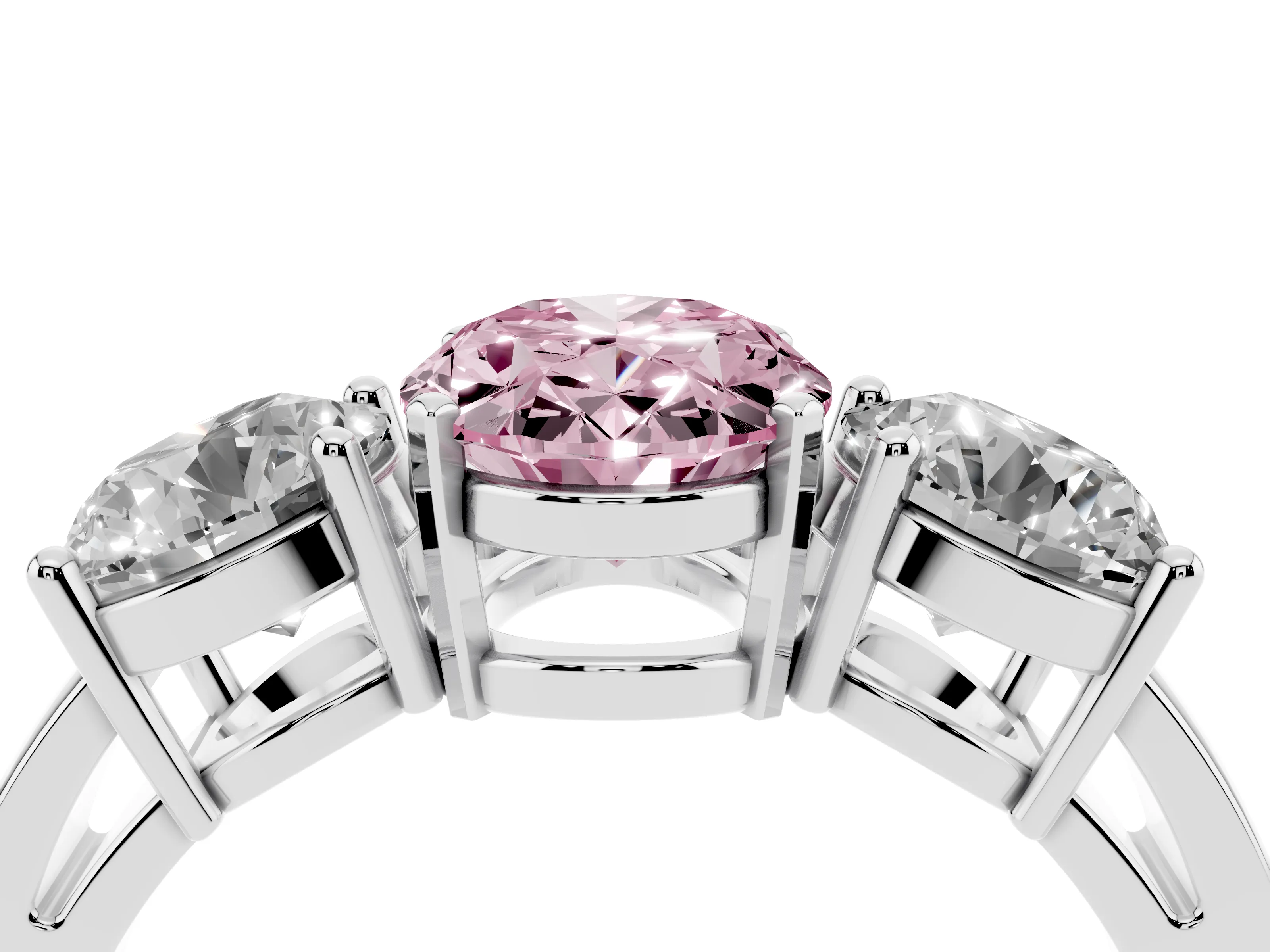 Fancy Pink Oval Cut Diamond Three-Stone Ring Set in White gold with Round Side Stones and Classic Band