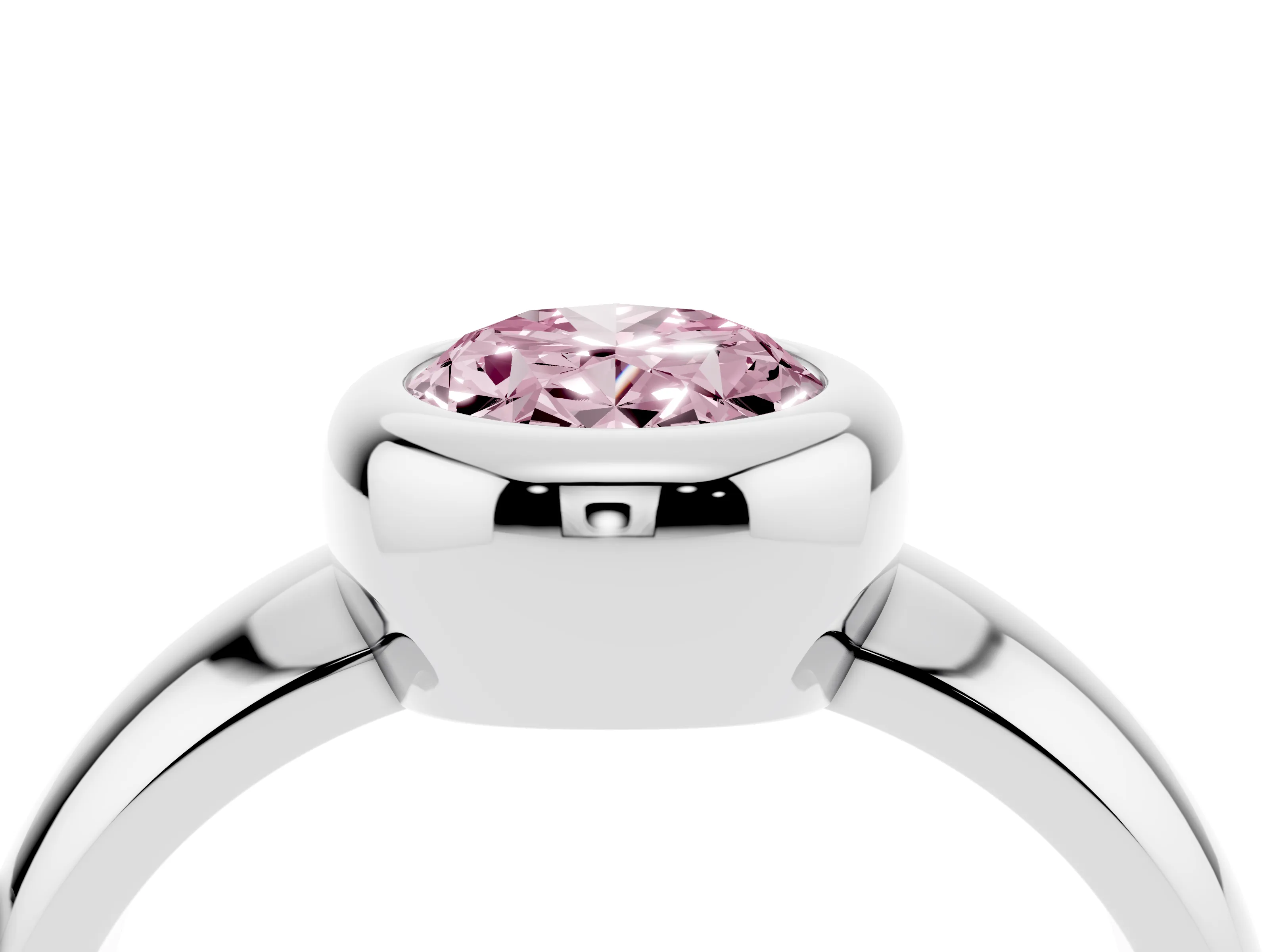 Fancy Pink Bezel Set Oval Cut Diamond Solitaire Ring Set in Silver with Wide Band