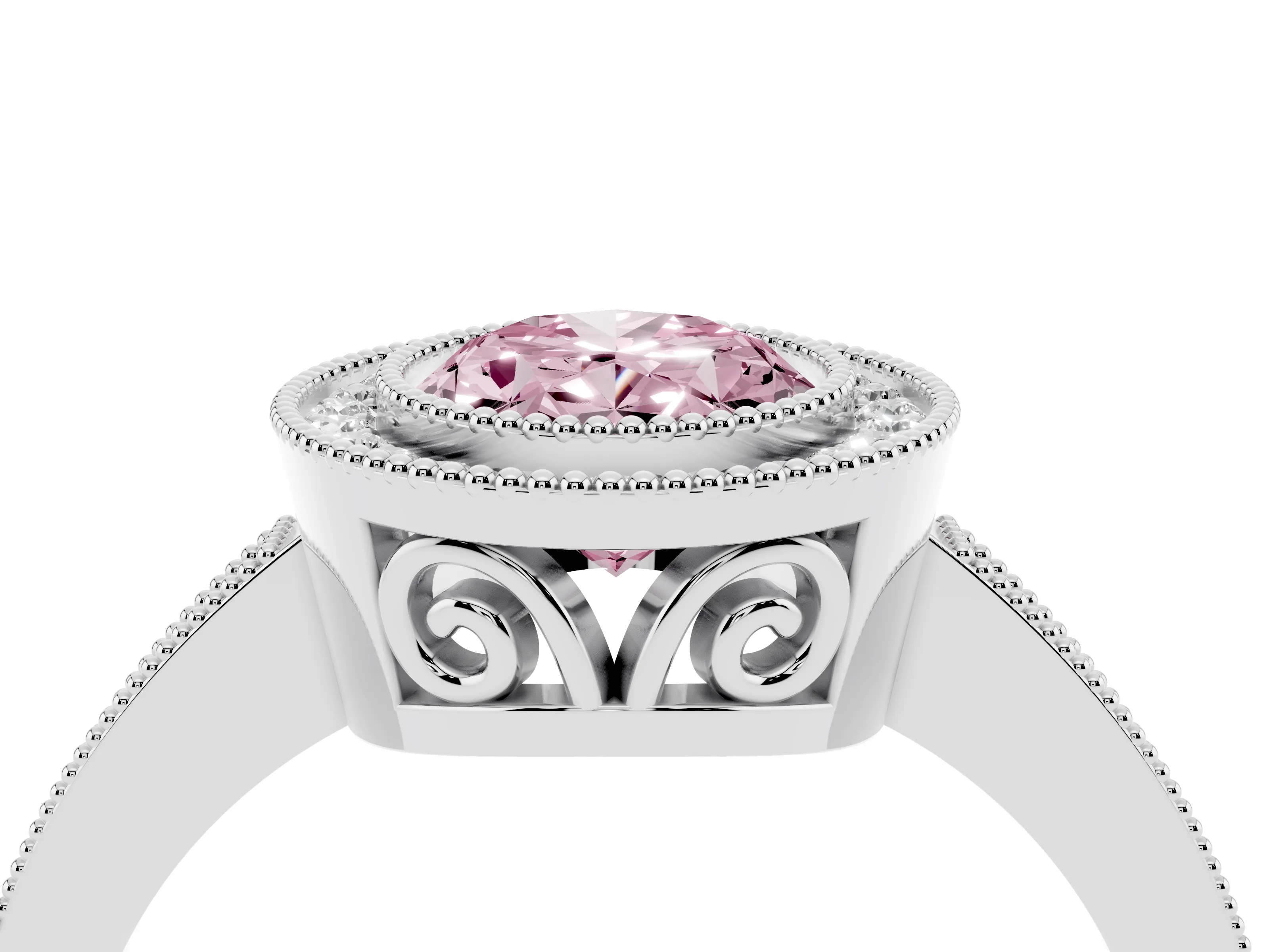 Fancy Pink Oval Cut Diamond Halo Ring Set in Platinum with Pavé Band and Milgrain-Edged Prongs