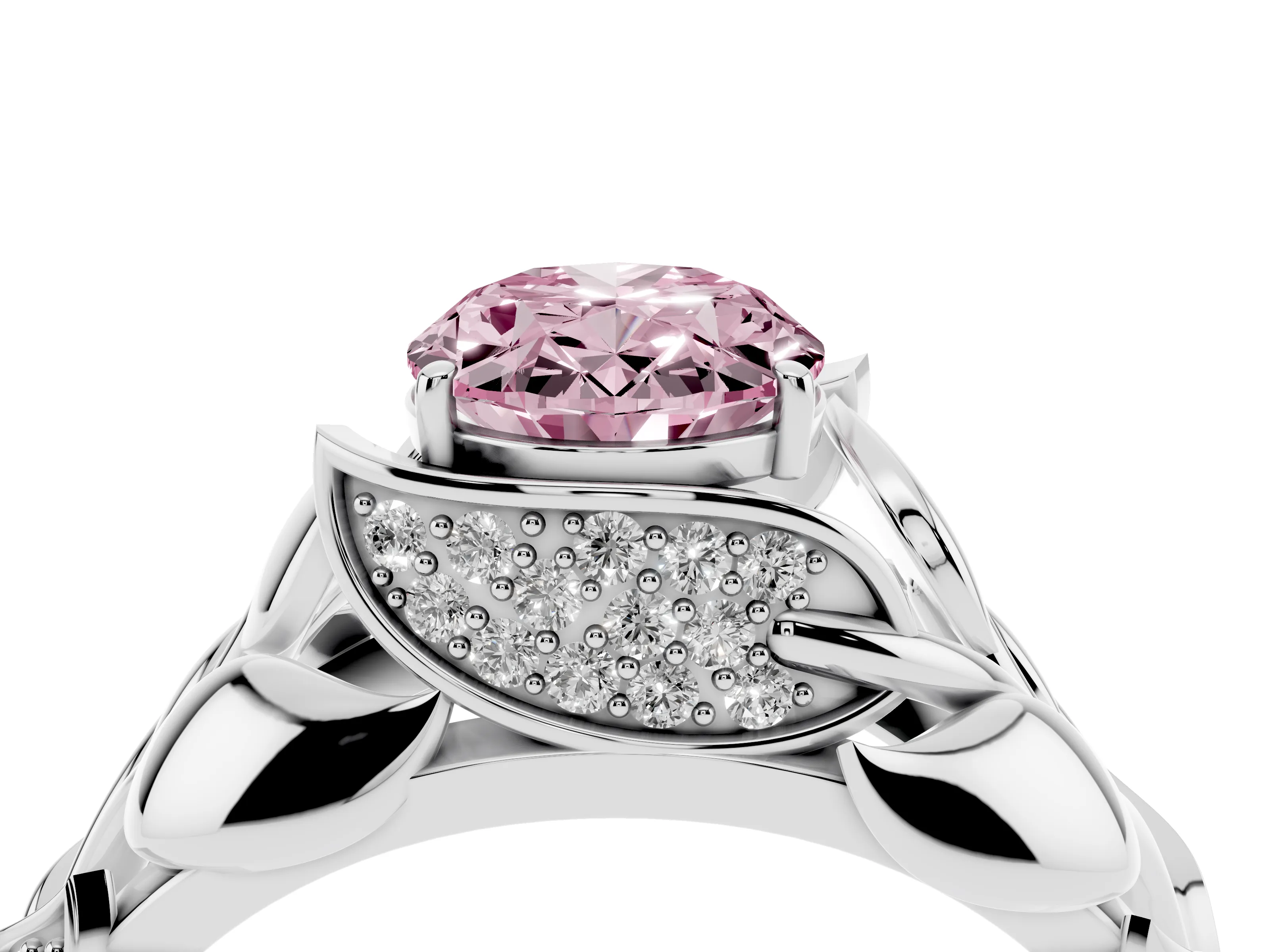 Fancy Pink Oval Cut Diamond Leaf-Inspired Engagement Ring Set in Platinum with Round Accents
