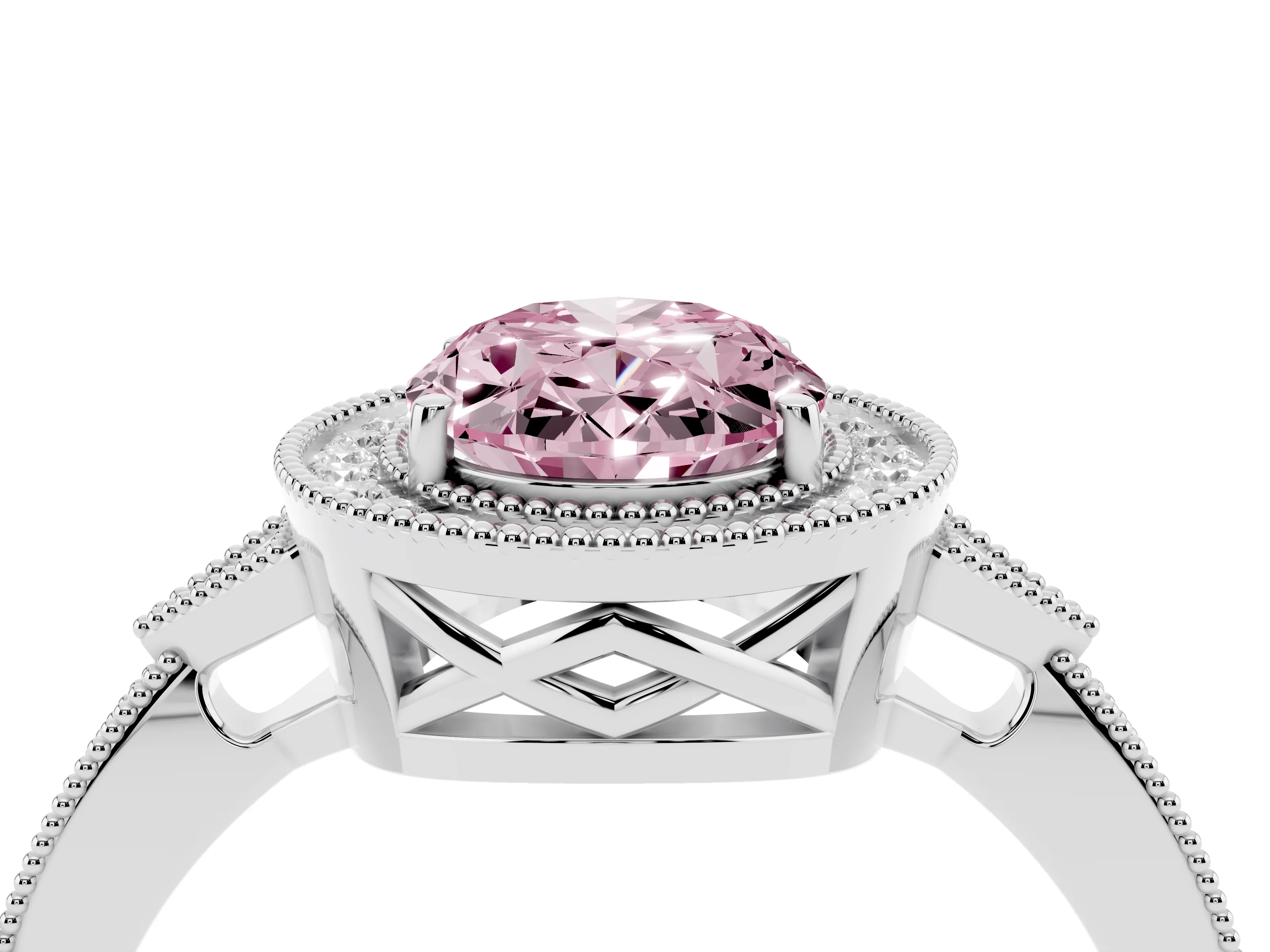 Fancy Pink Oval Cut Diamond Halo Engagement Ring Set in Silver with Milgrain Pavé Band