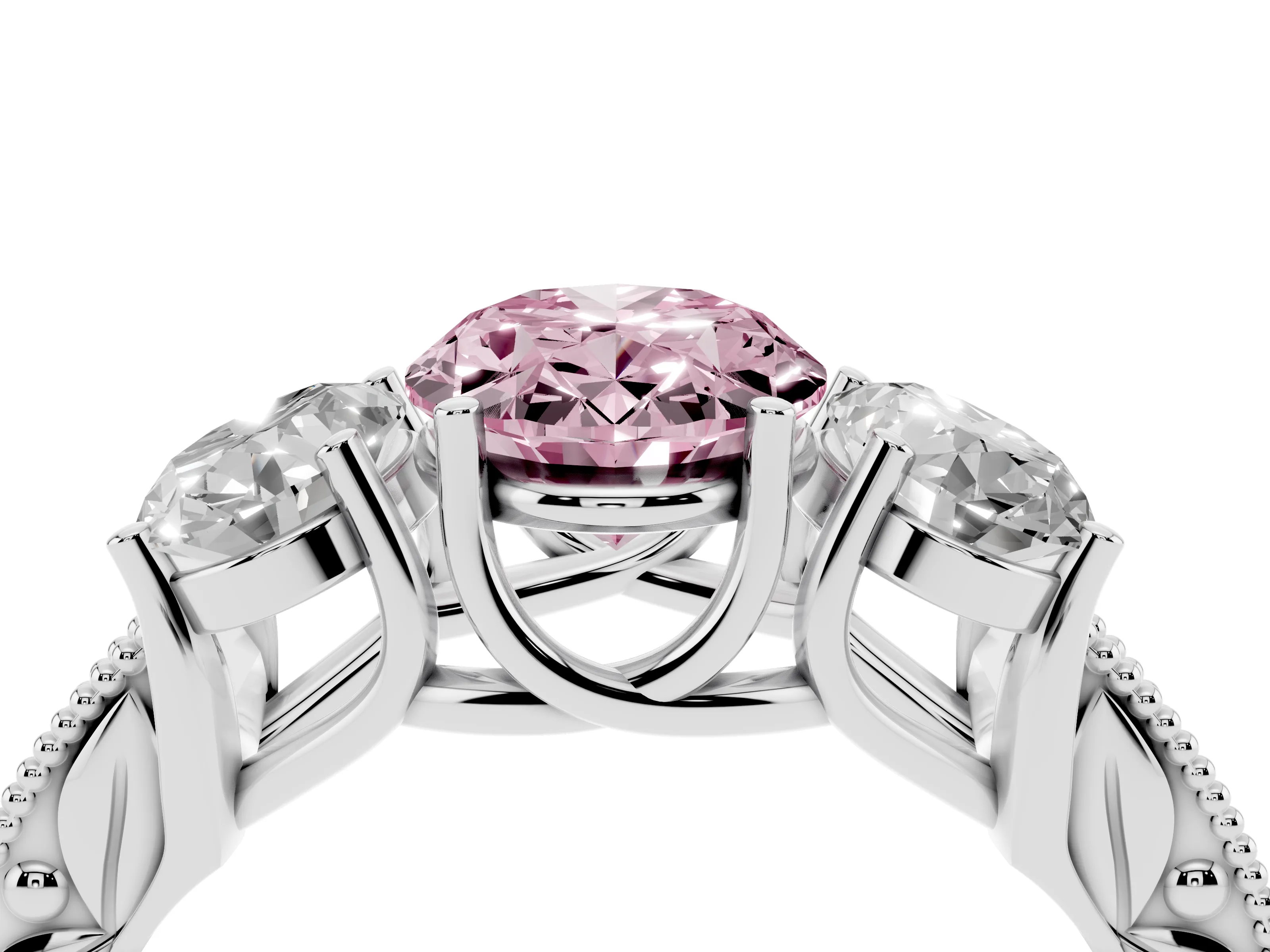 Fancy Pink Oval Cut Diamond Three-Stone Engagement Ring Set in Silver with Milgrain Pavé Band