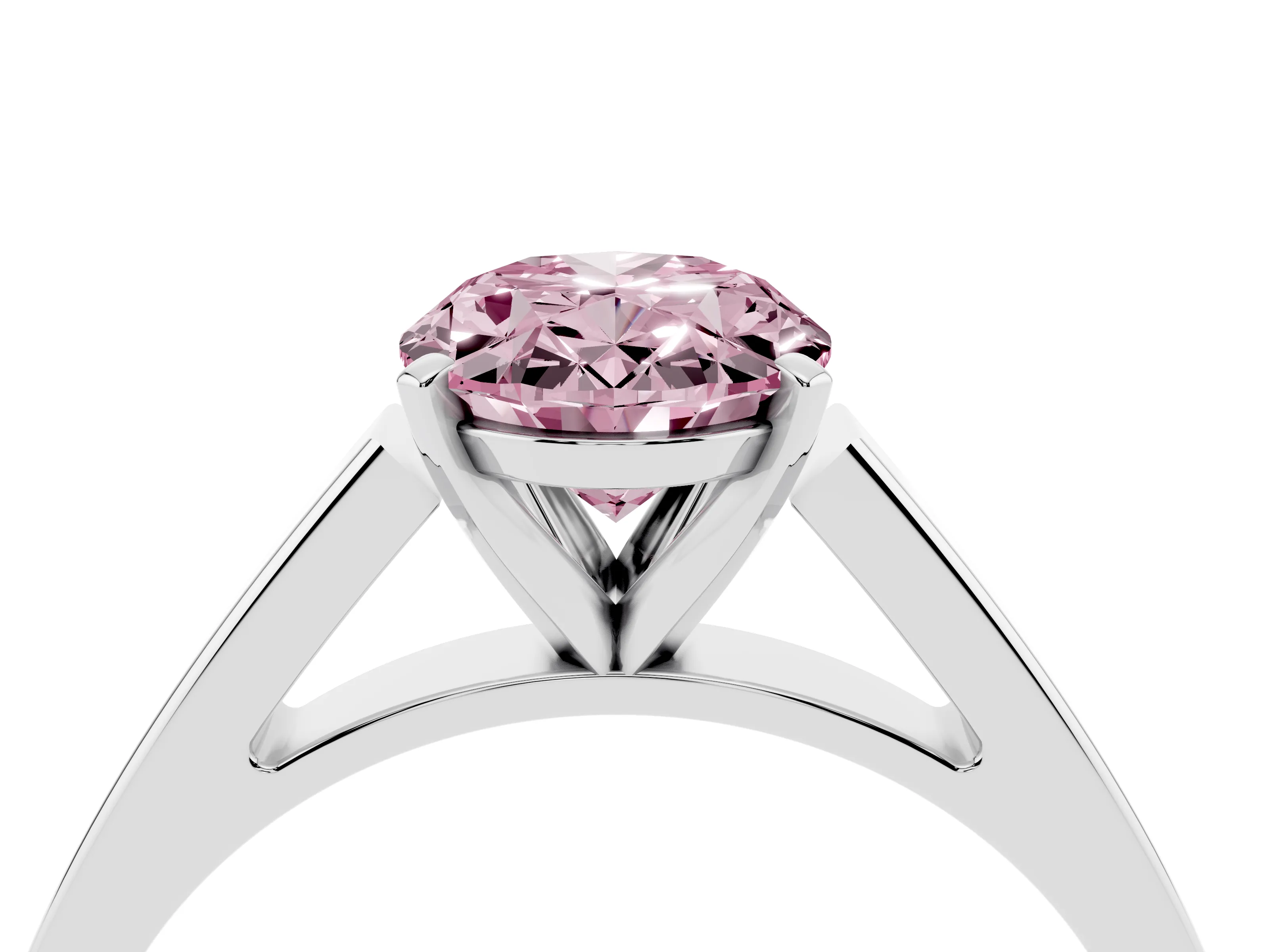 Fancy Pink Oval Cut Diamond Solitaire Engagement Ring Set in White gold with Prong Setting and Tapered Band