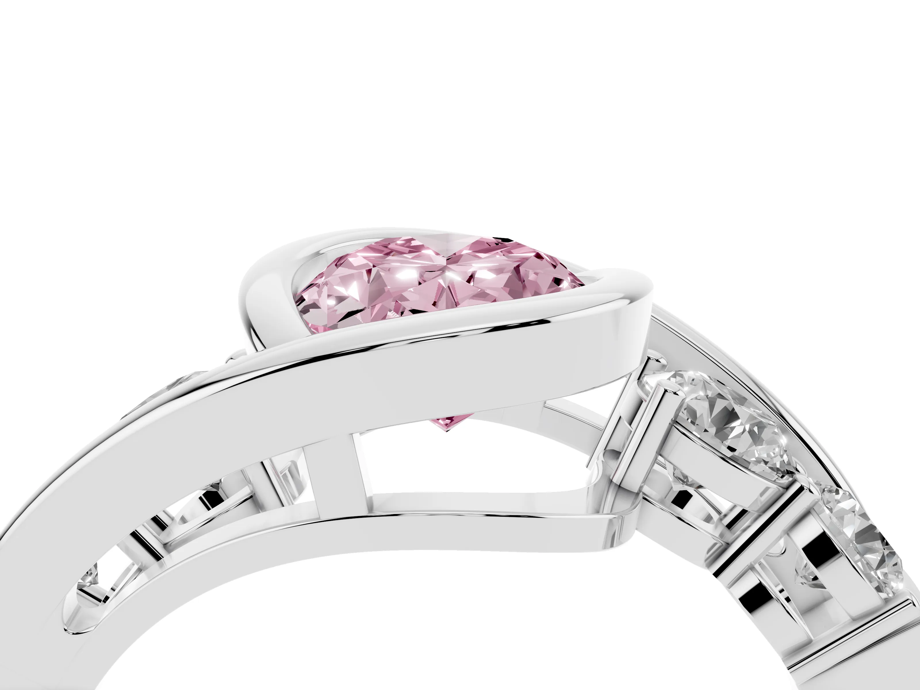 Fancy Pink Oval Cut Diamond Bezel Bypass Ring Set in Silver with Round Accents