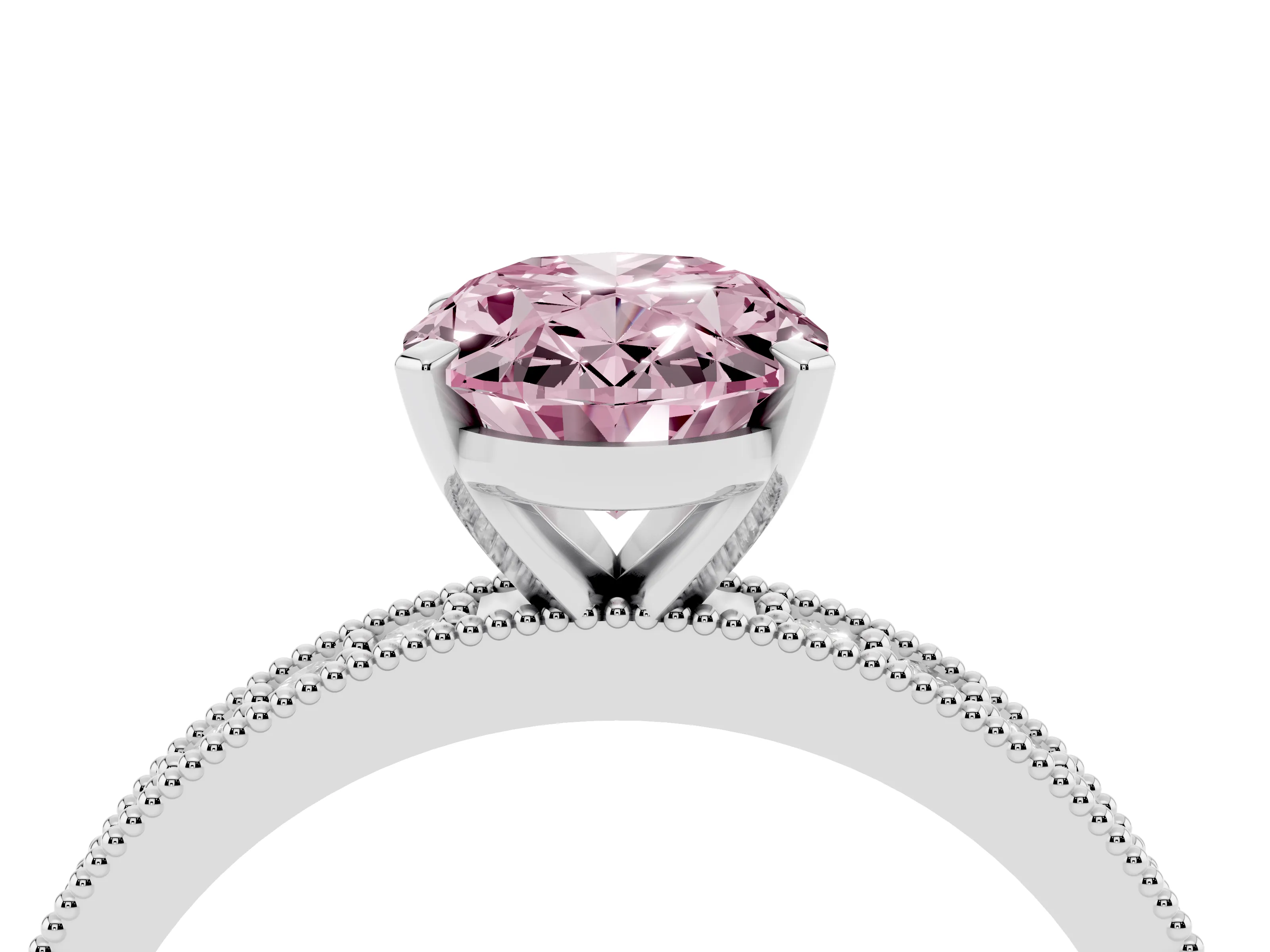 Fancy Pink Oval Cut Diamond Milgrain Pavé Engagement Ring Set in Platinum with Prong Setting