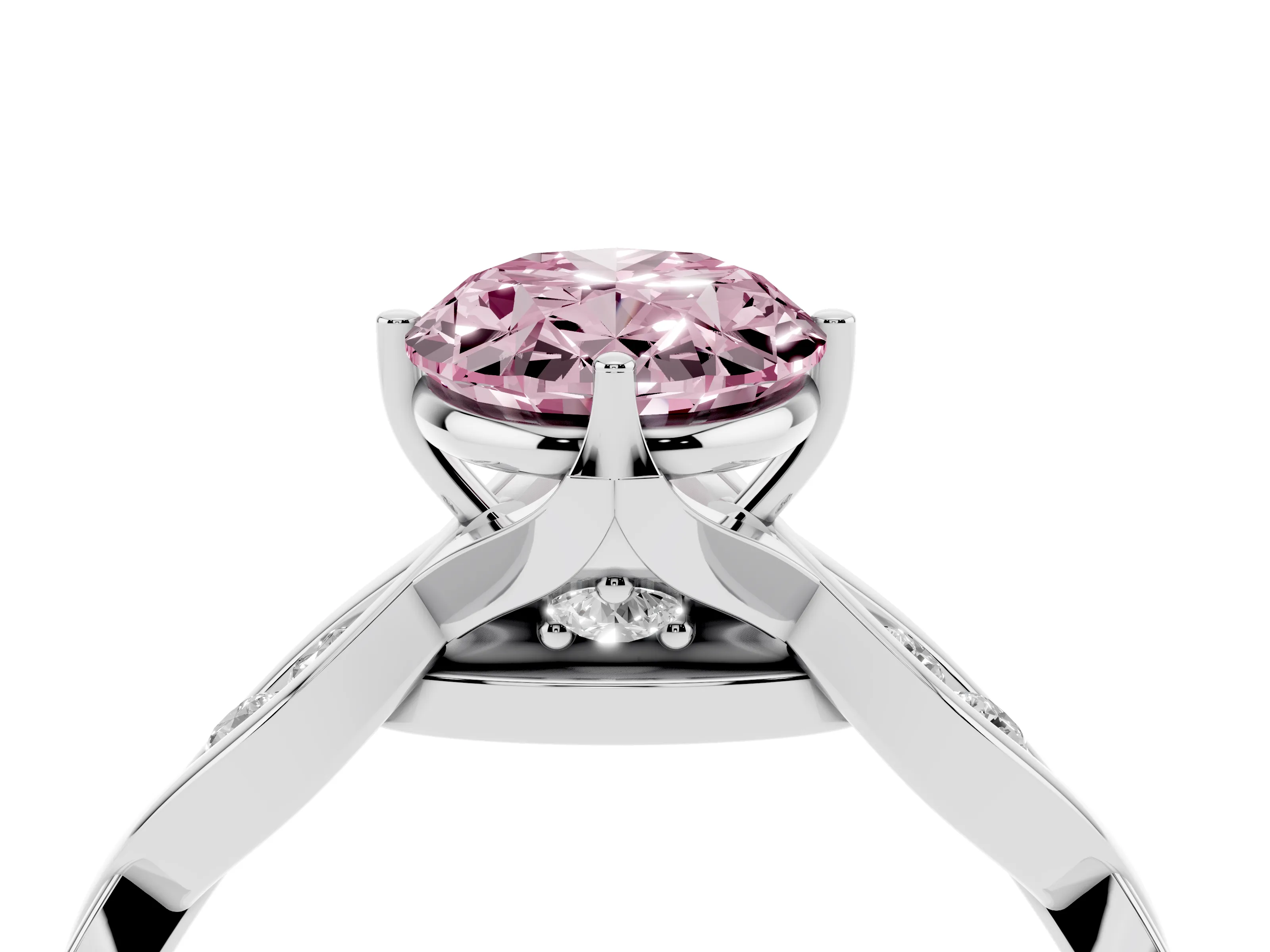 Fancy Pink Oval Cut Diamond Twist Band Solitaire Ring Set in Platinum with Leaf Prong Setting and Accent Stones