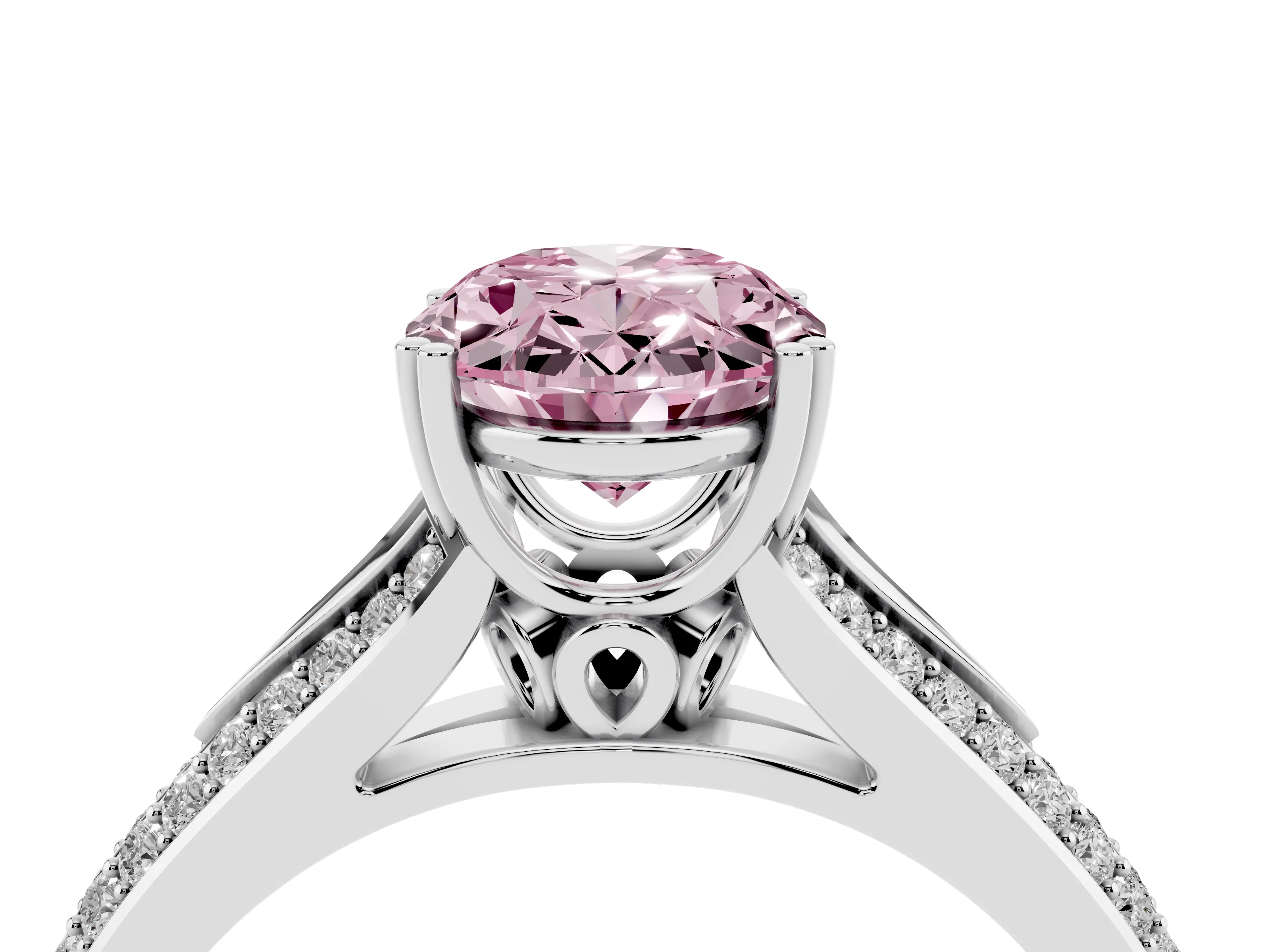 Fancy Pink Oval Cut Diamond Split Shank Pavé Engagement Ring Set in White gold with Prong-Set Center Stone