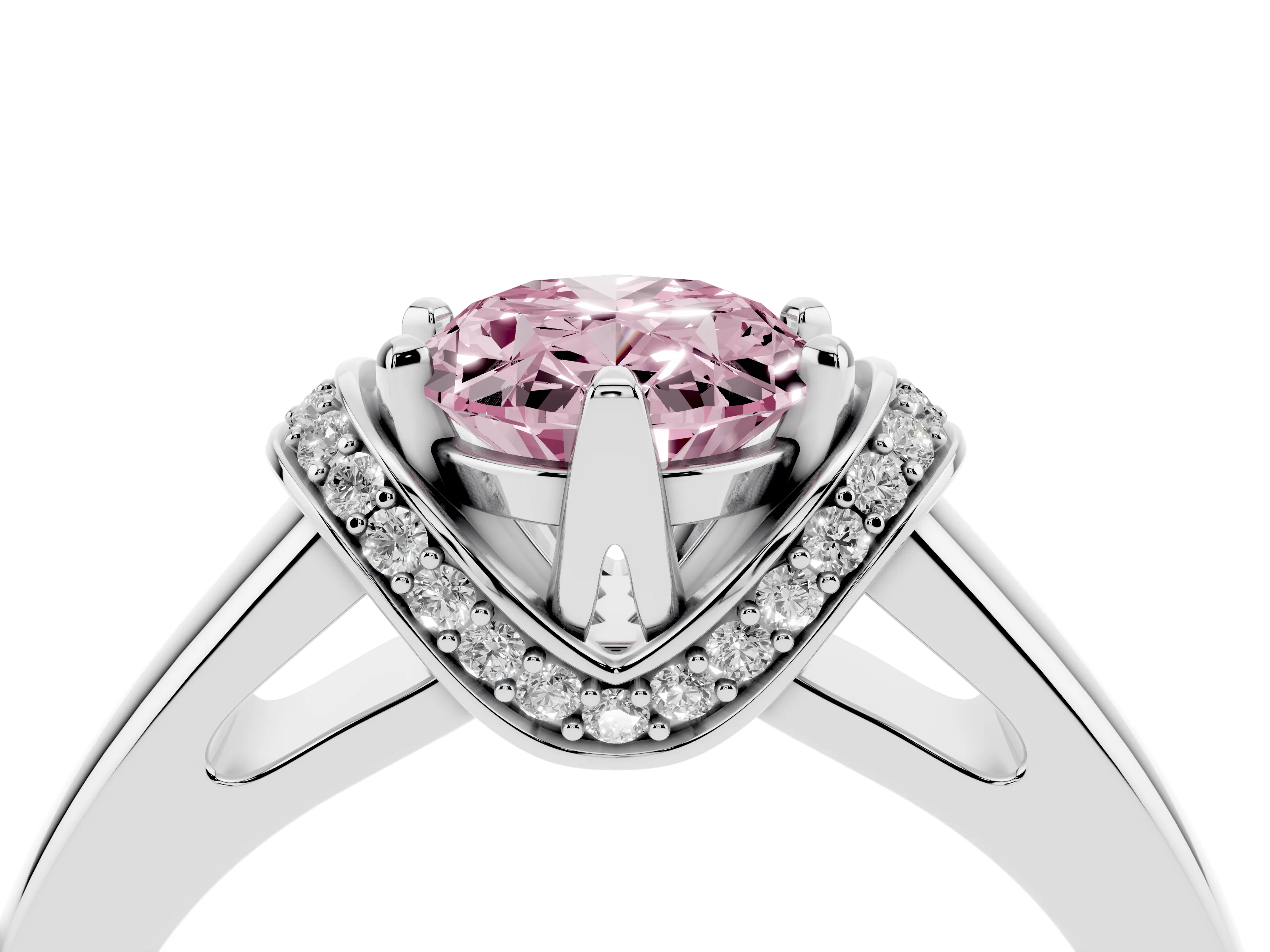 Fancy Pink Oval Cut Diamond Pavé Band Solitaire Ring Set in Silver with Prong Setting