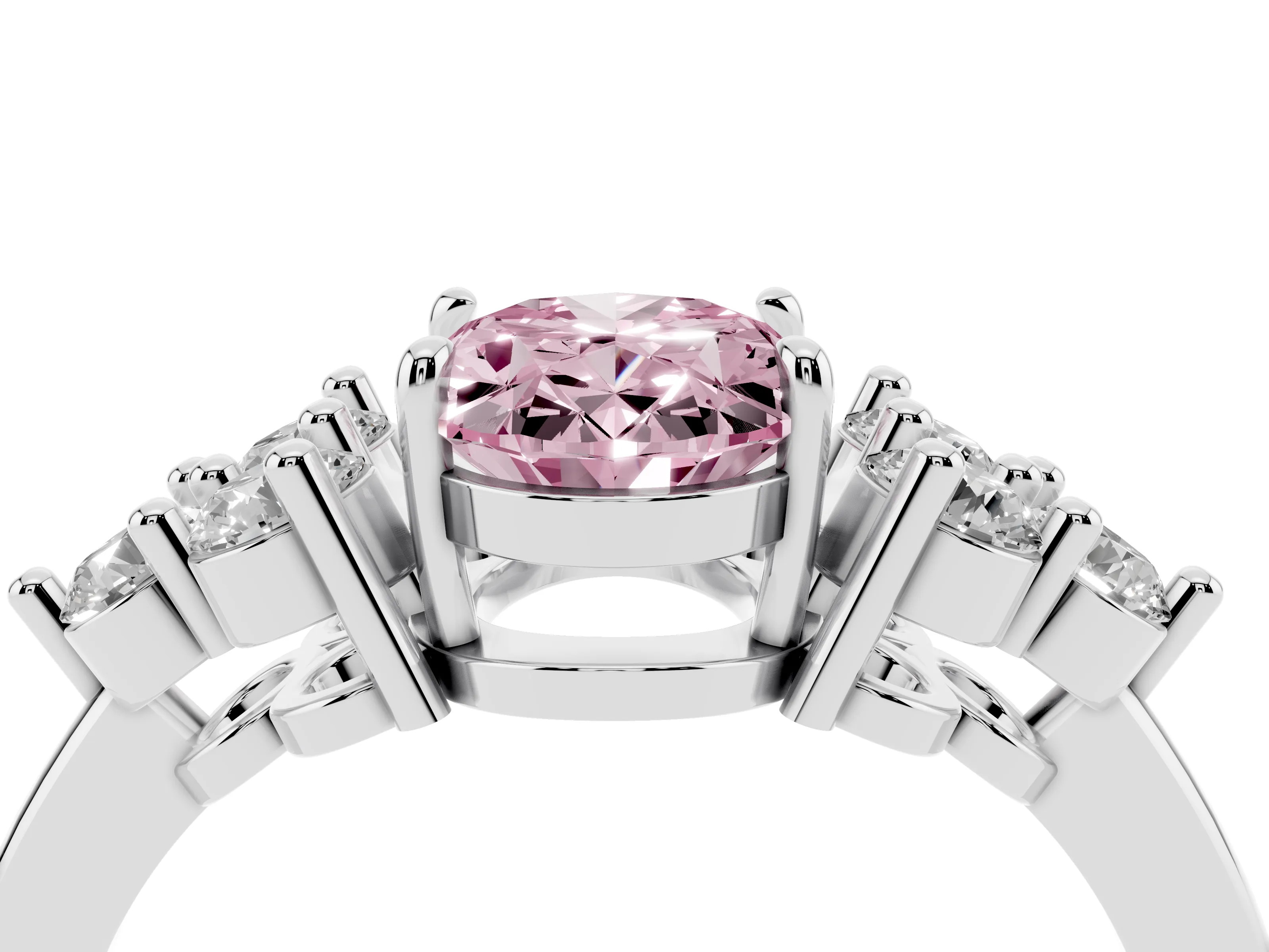 Fancy Pink Oval Cut Diamond Solitaire Ring Set in Silver with Cluster Accents on Each Side