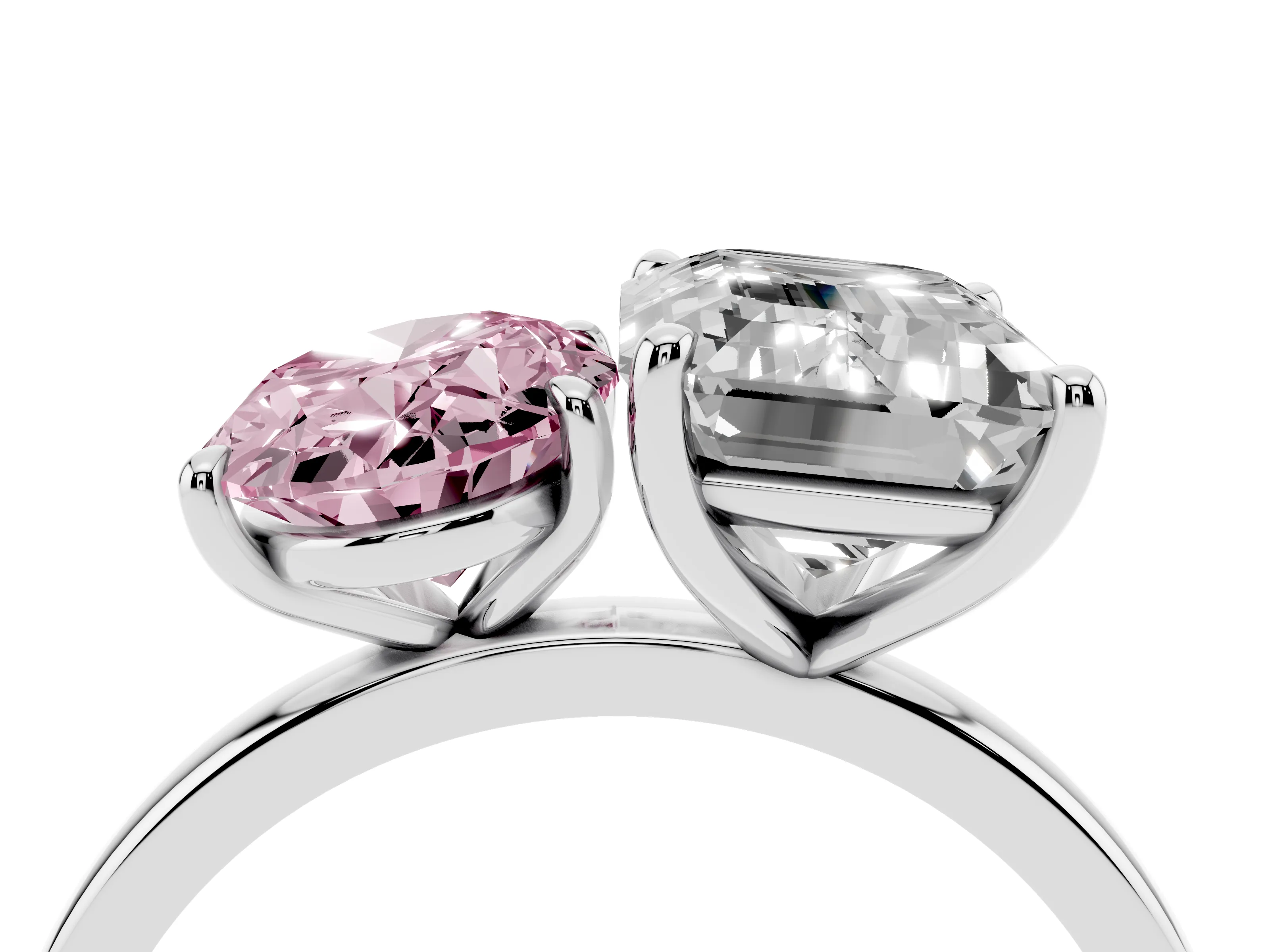 Fancy Pink Oval Cut and Emerald Cut Toi Moi Ring Set in Platinum with Prong Setting
