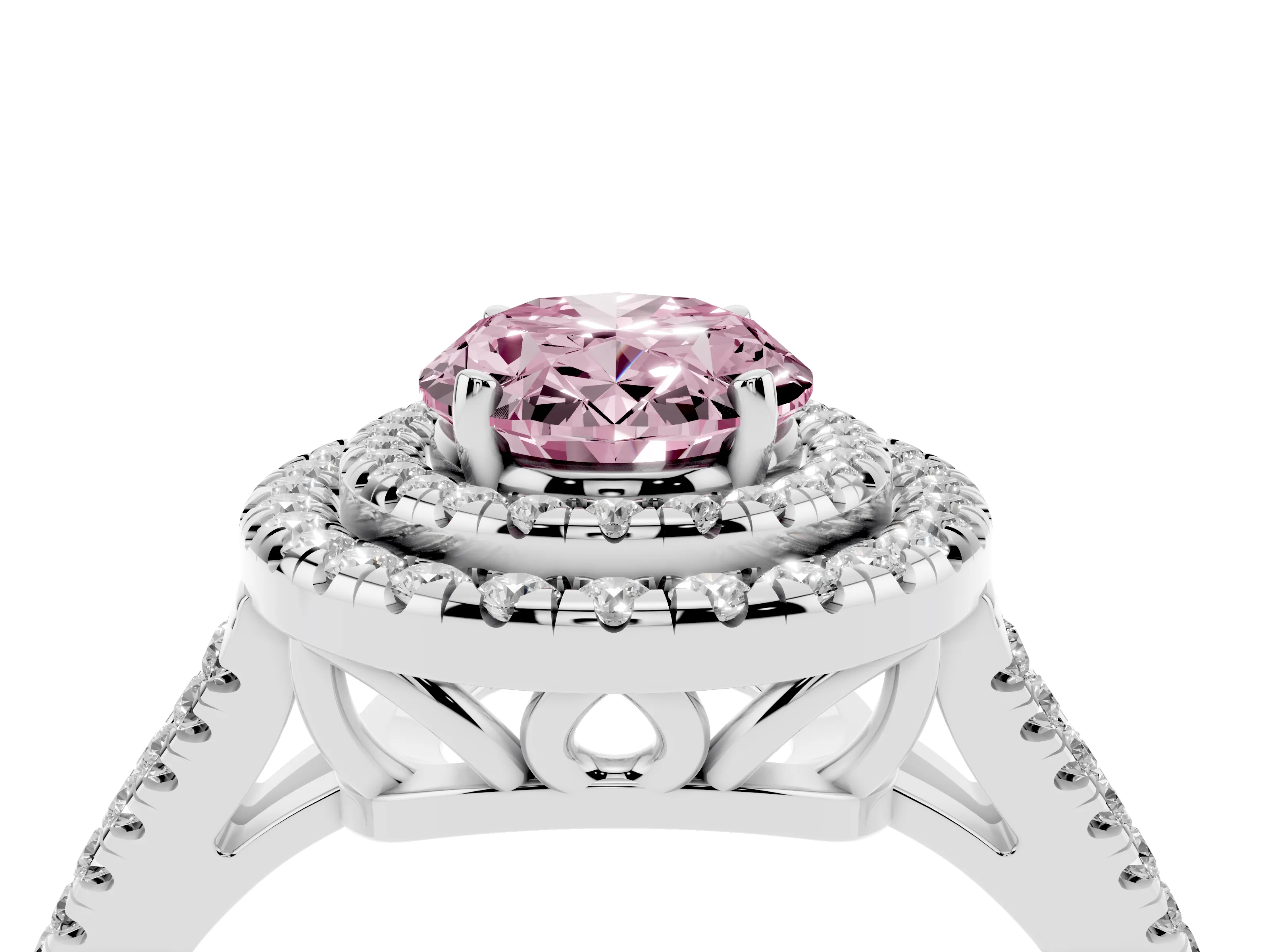 Fancy Pink Oval Cut Diamond Double Halo Ring Set in Platinum with Pavé Band