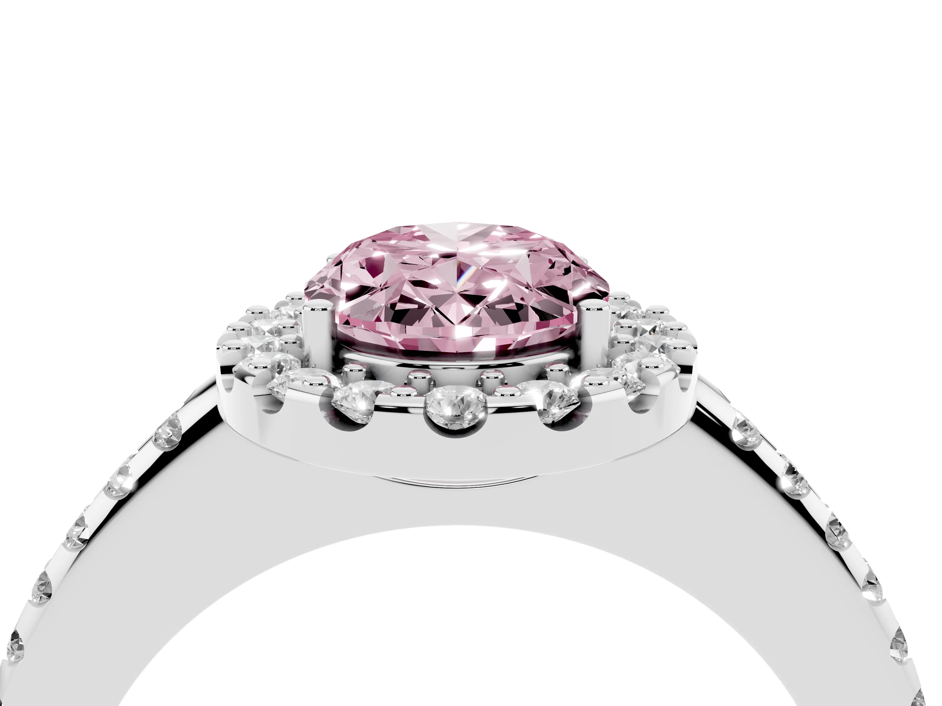 Fancy Pink Oval Cut Diamond Pavé Halo Ring Set in White gold with Prong Setting