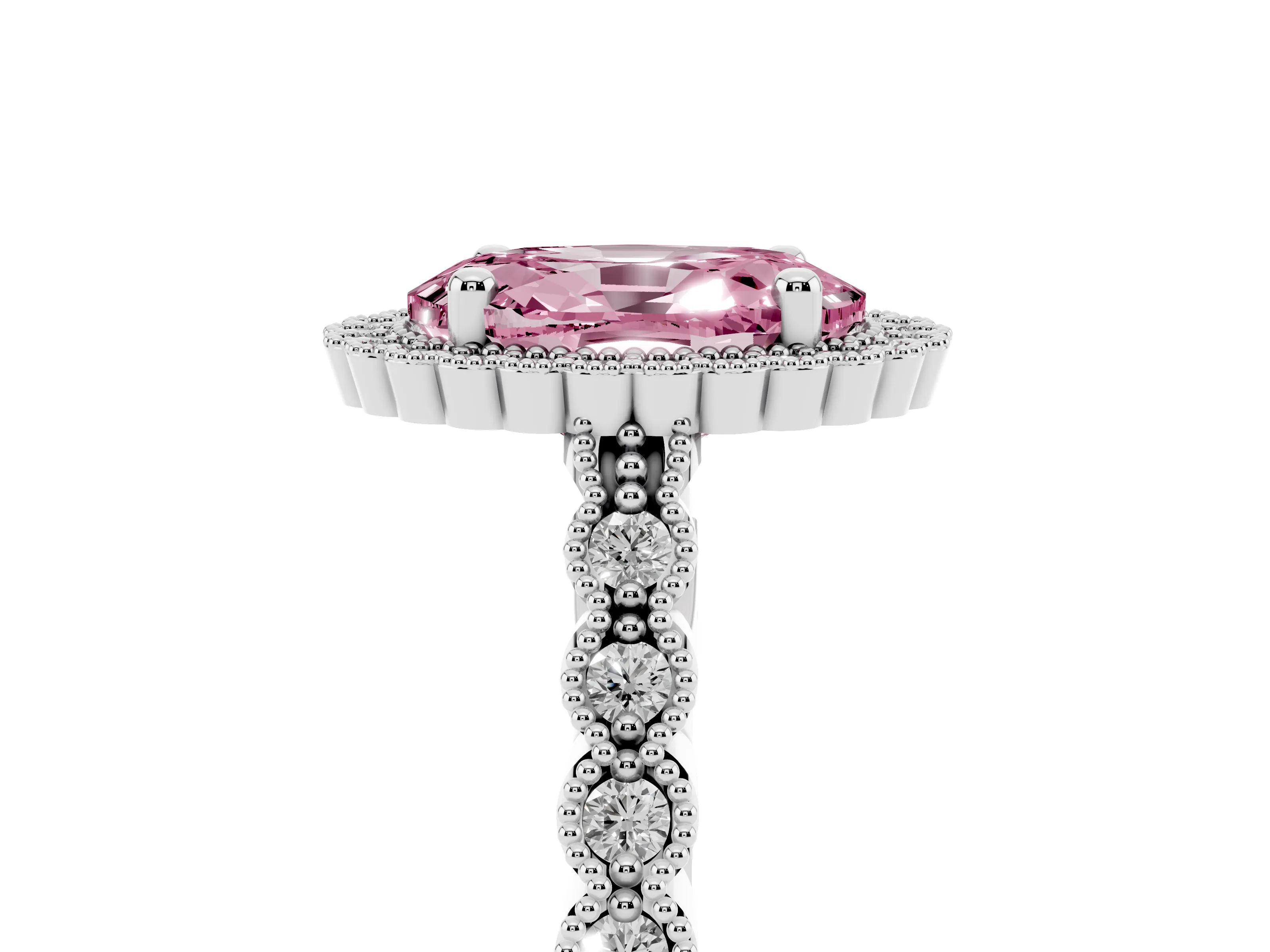 Fancy Pink Oval Cut Diamond Halo Ring Set in Silver with Pavé Milgrain Band