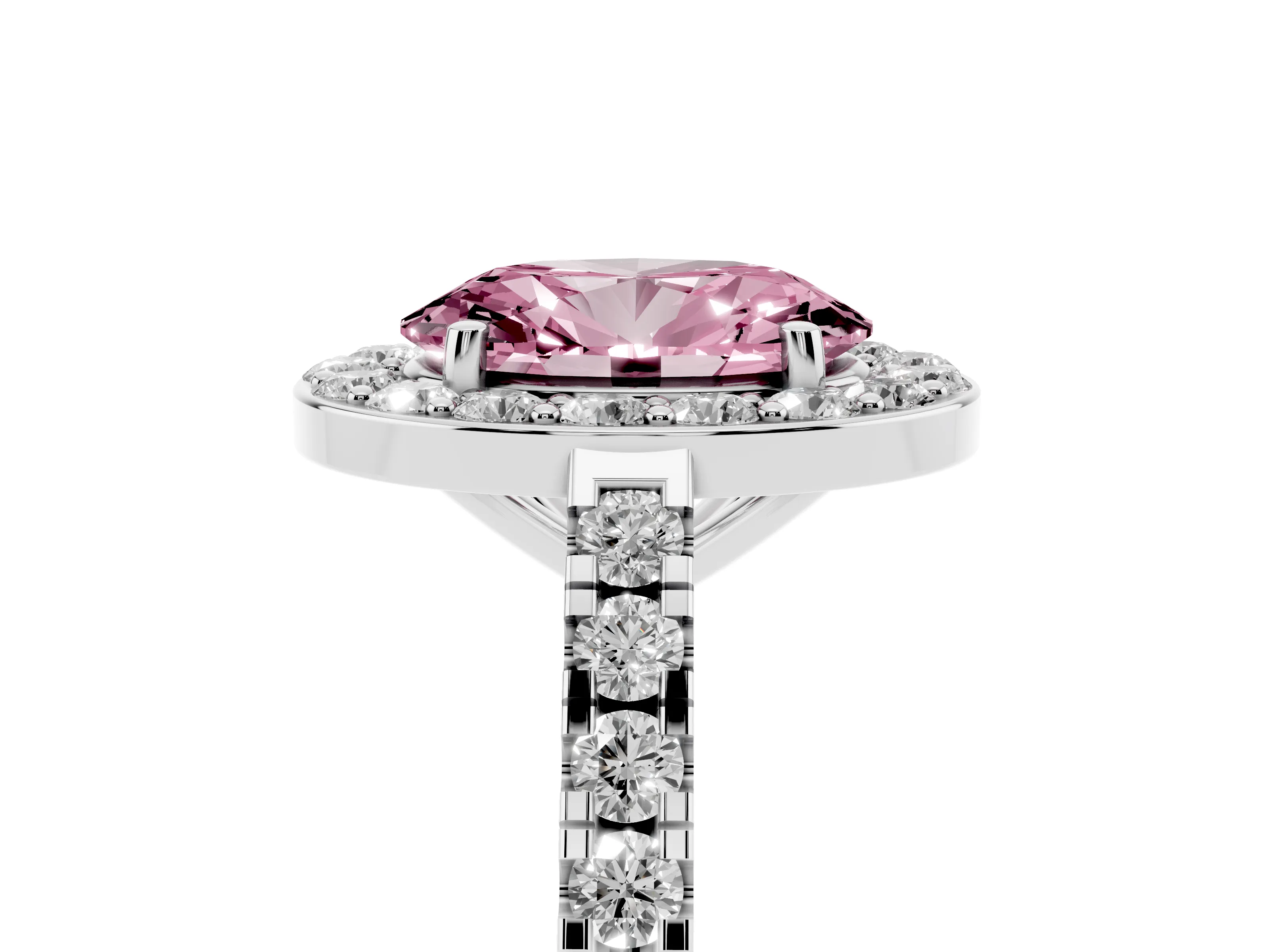 Fancy Pink Oval Cut Diamond Halo Ring Set in Silver with Round Pavé Split Shank and Prong Setting