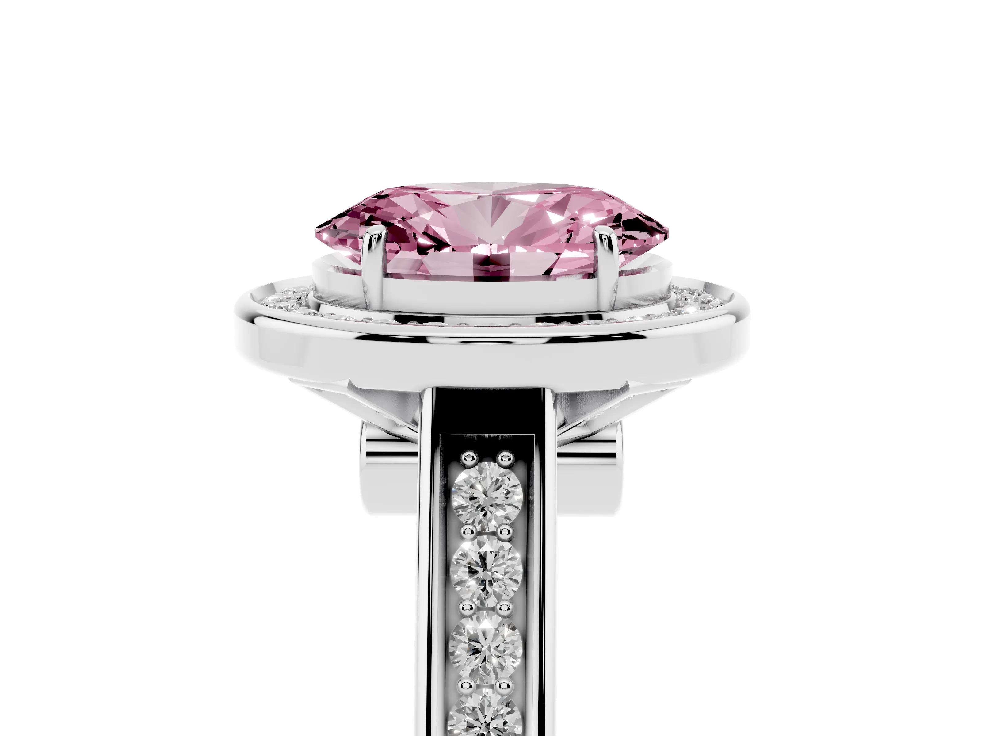 Fancy Pink Oval Cut Diamond Halo Solitaire Ring Set in White gold with Pavé Band and Bezel Setting