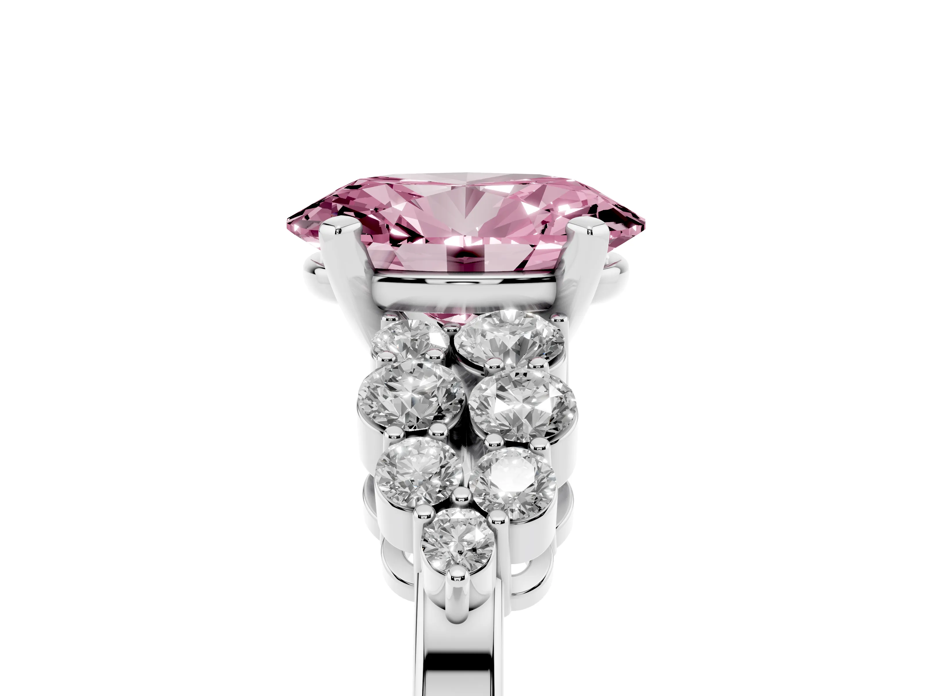 Fancy Pink Oval Cut Diamond Cluster Engagement Ring Set in Silver with Pavé Band and Prong Setting