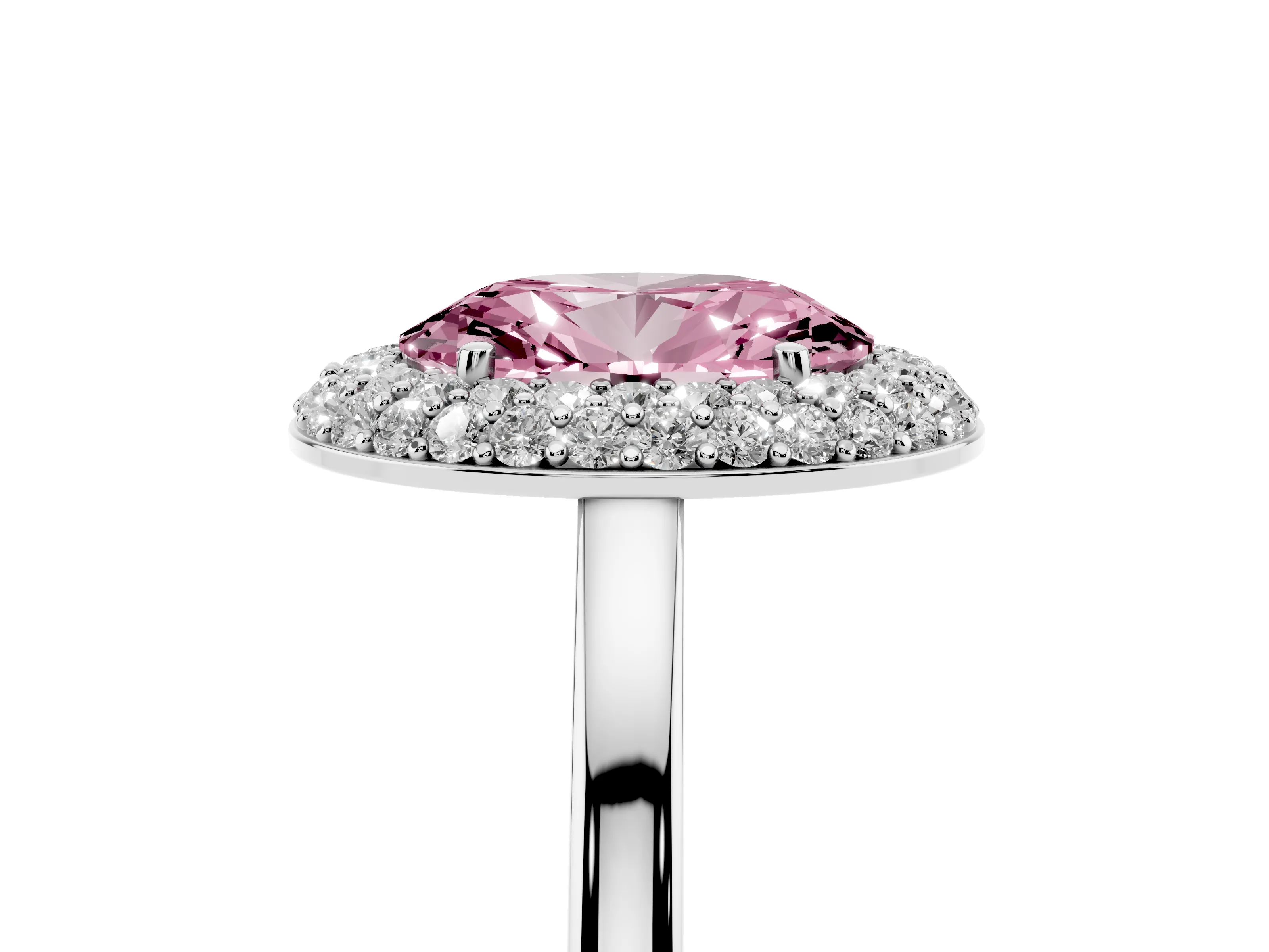 Fancy Pink Oval Cut Diamond Halo Engagement Ring Set in White gold with Solitaire Band and Prong Setting
