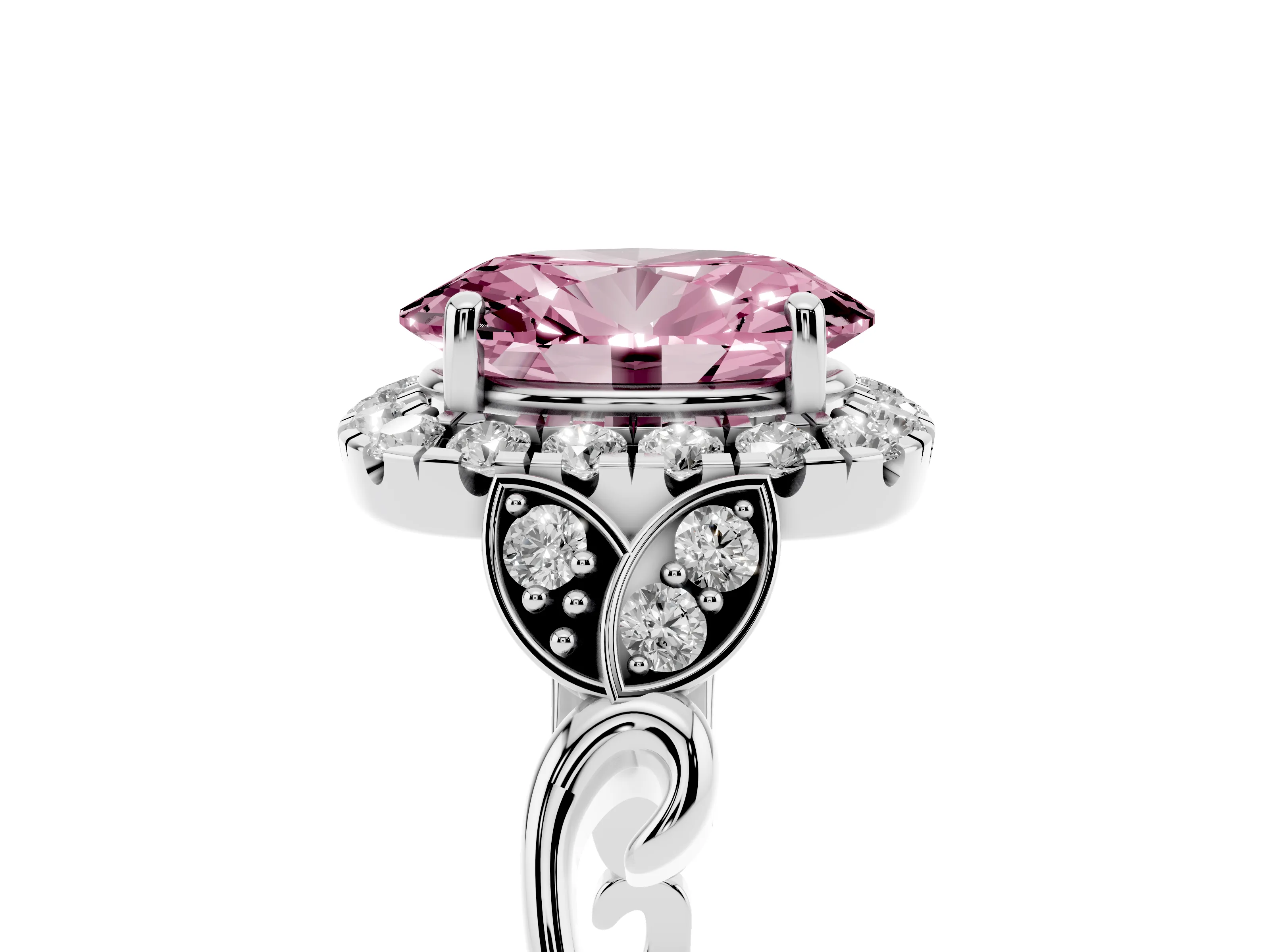 Fancy Pink Oval Cut Diamond Halo Engagement Ring Set in White gold with Vintage-Inspired Band and Prong Setting