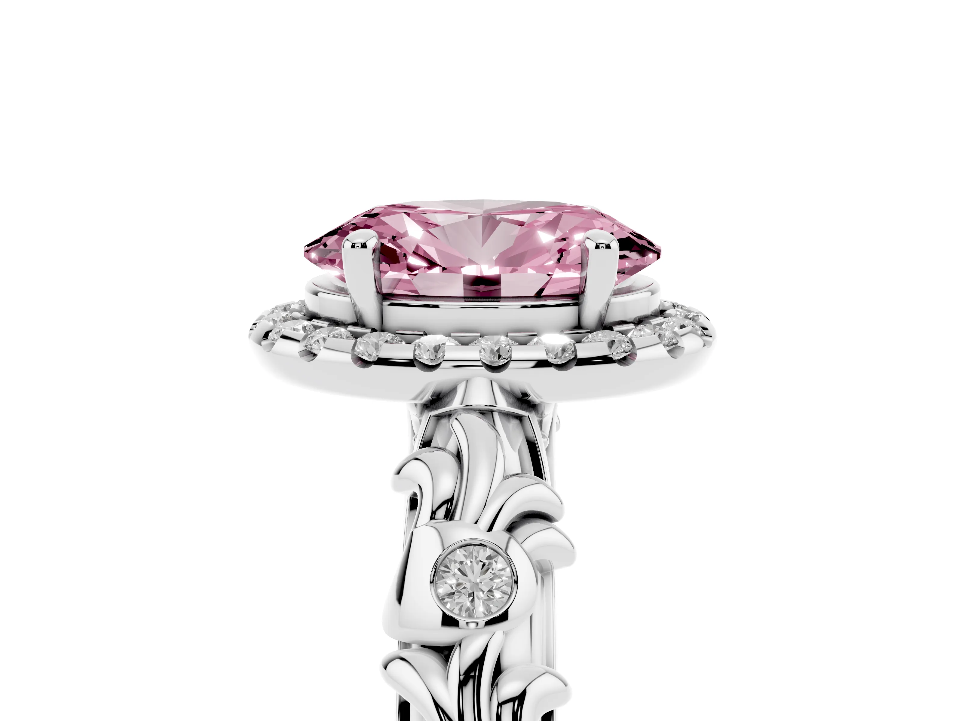 Fancy Pink Oval Cut Diamond Halo Ring Set in White gold with Filigree Leaf Band and Prong Setting
