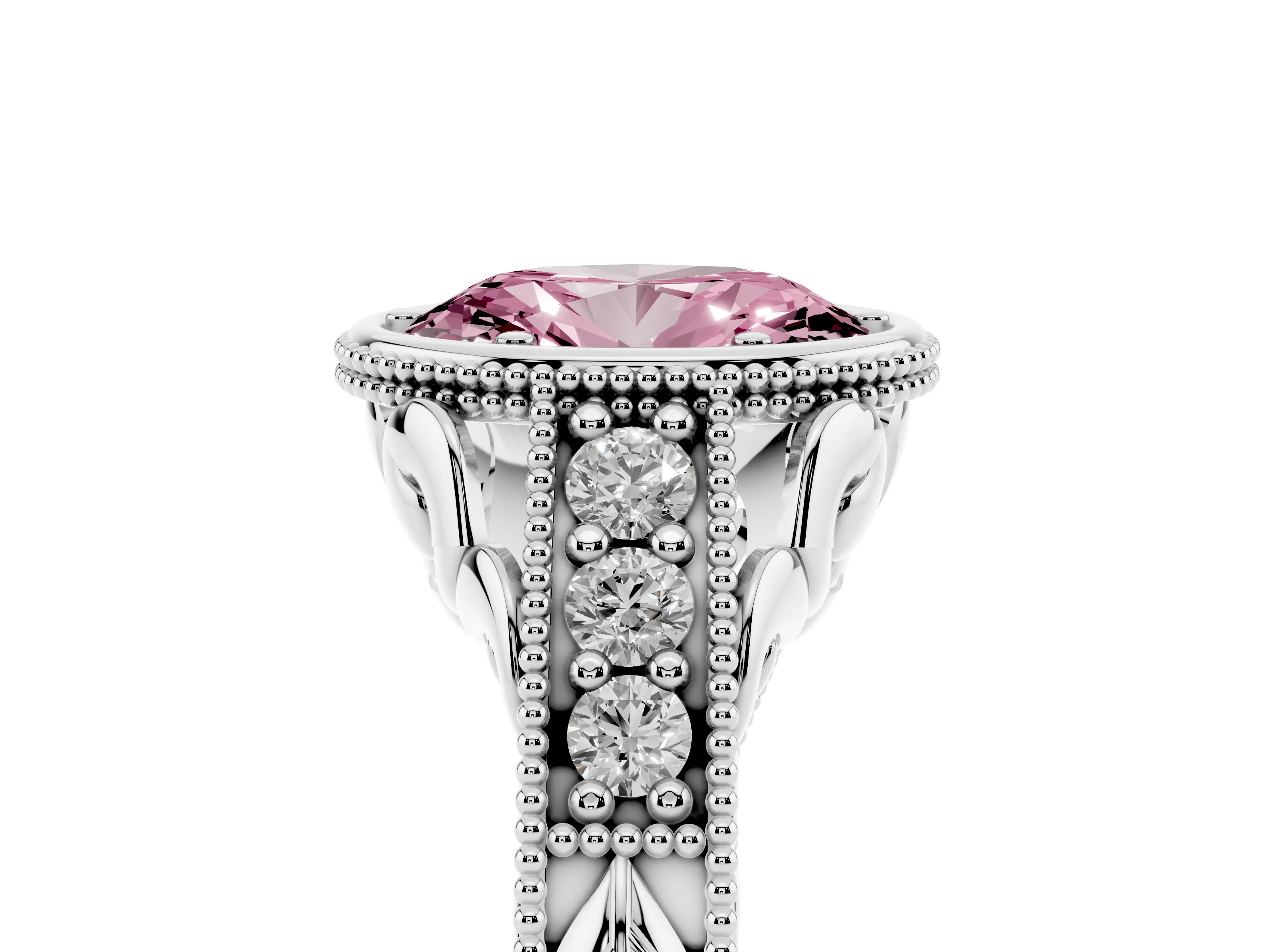 Fancy Pink Bezel Set Oval Cut Diamond Milgrain Pavé Engagement Ring Set in White gold