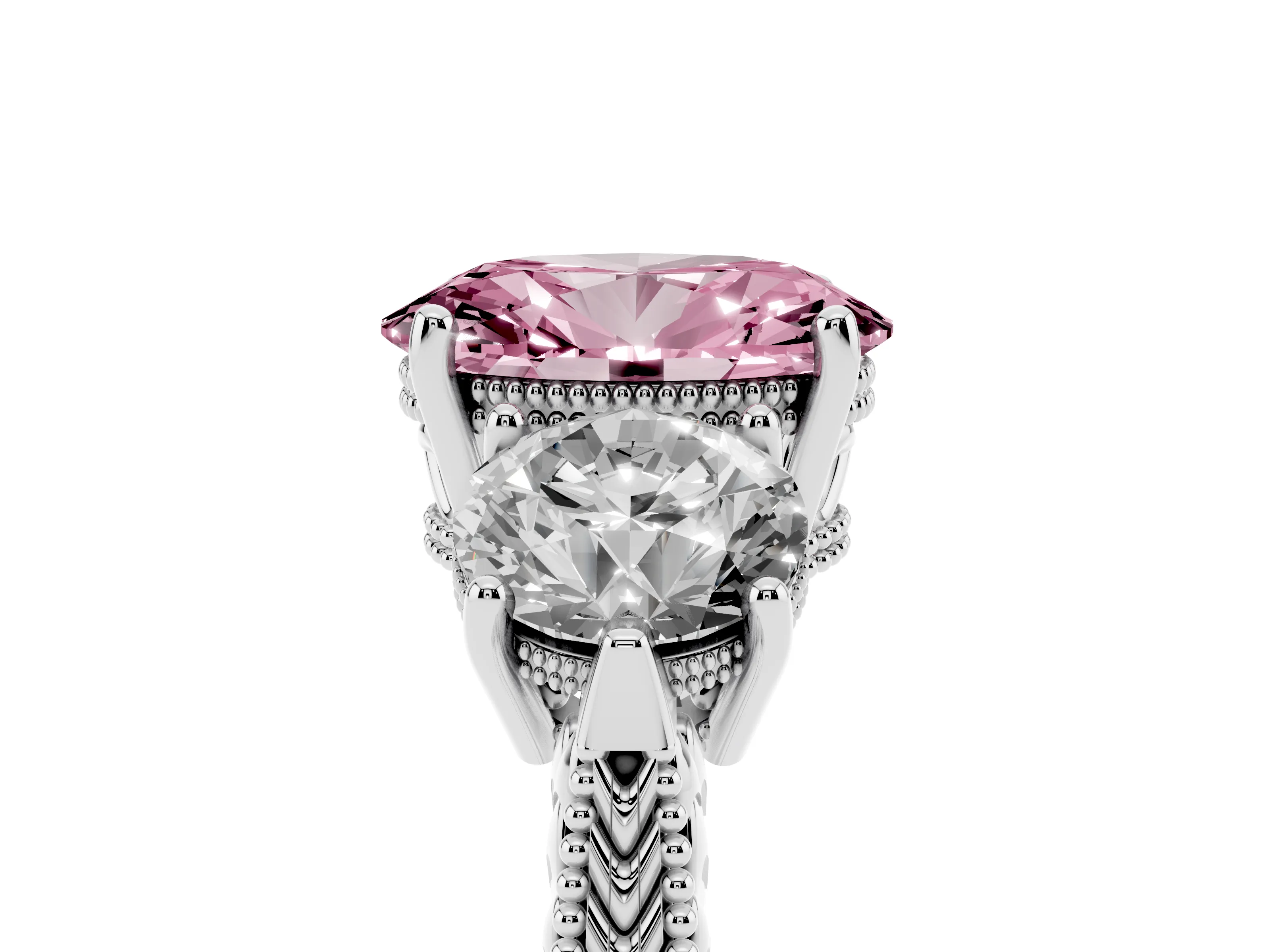 Fancy Pink Oval Cut Diamond Three-Stone Ring Set in Platinum with Milgrain Band