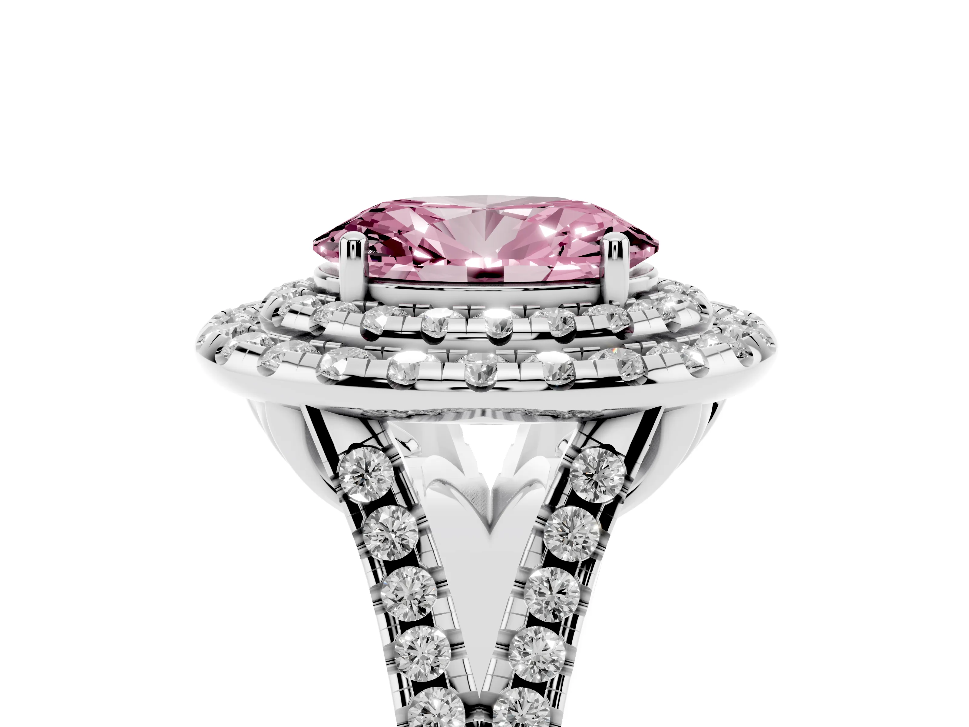 Fancy Pink Oval Cut Diamond Double Halo Ring Set in Silver with Pavé Split Shank and Prong Setting