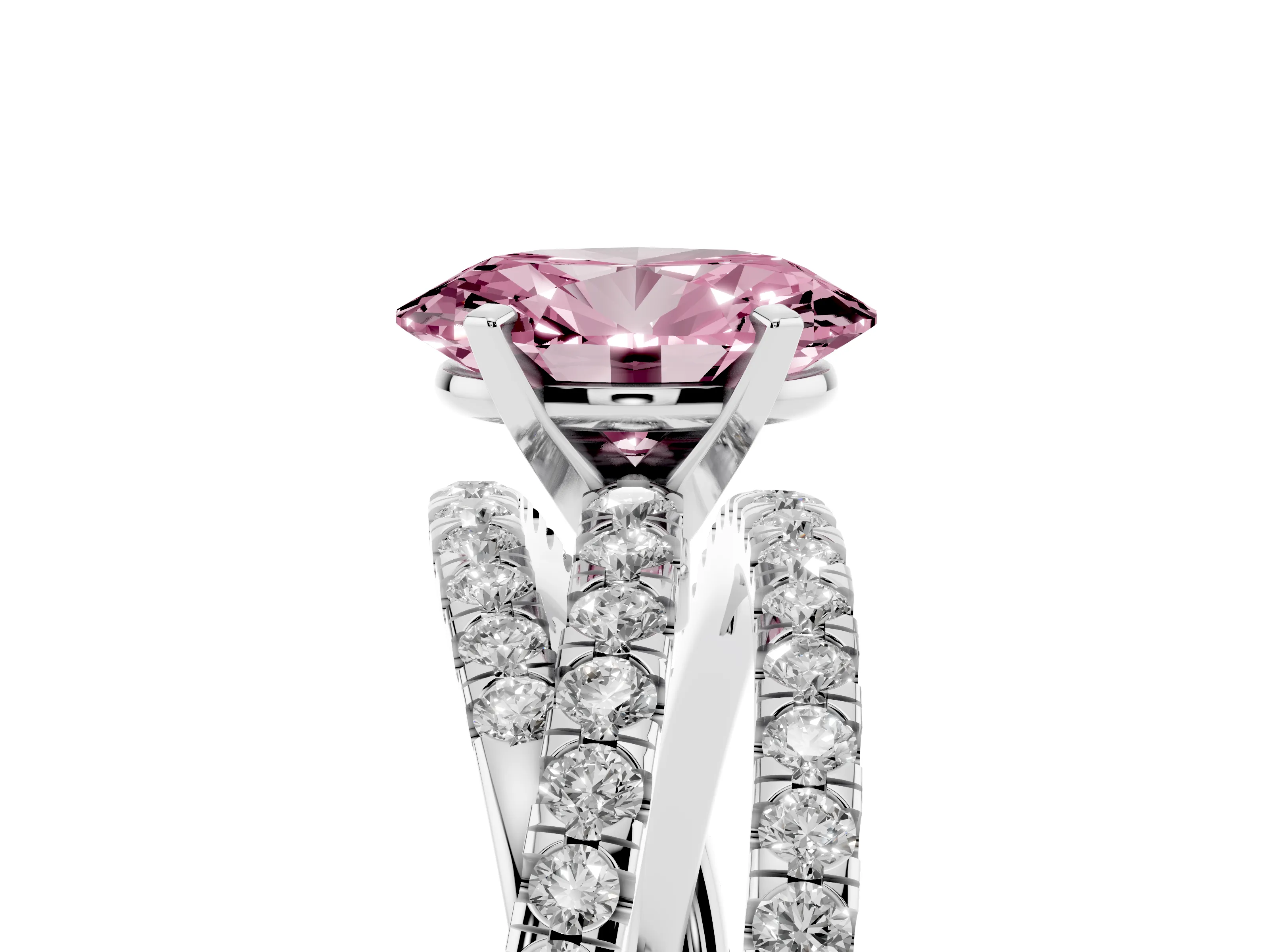Fancy Pink Oval Cut Diamond Solitaire Twist Band Ring Set in Platinum with Pavé Setting and Prong Head