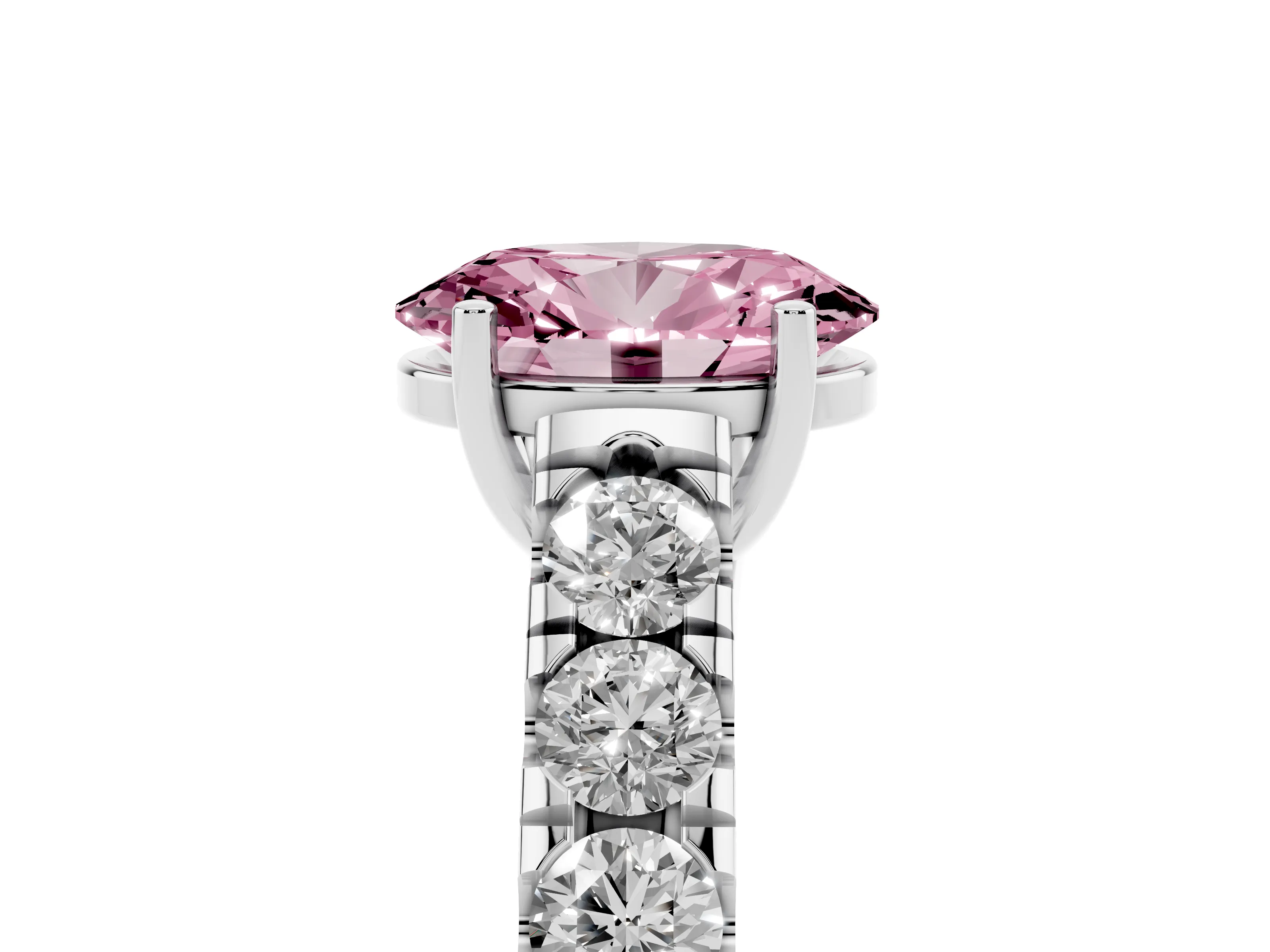 Fancy Pink Oval Cut Diamond Solitaire Ring Set in White gold with Cut-Down Micro Pavé Band and Prong Setting