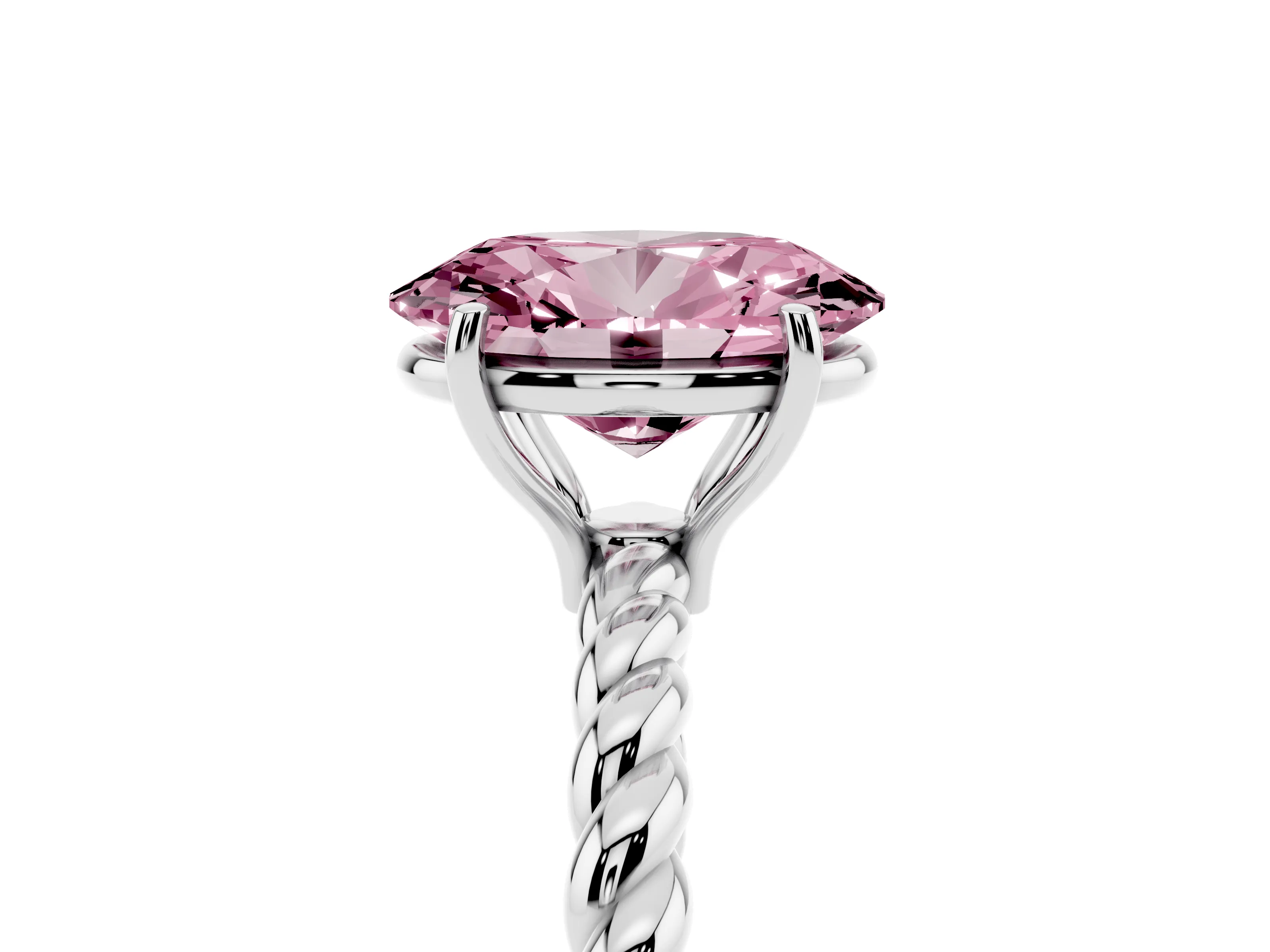 Fancy Pink Oval Cut Diamond Solitaire Twisted Band Ring Set in Silver with Prong Solitaire Setting
