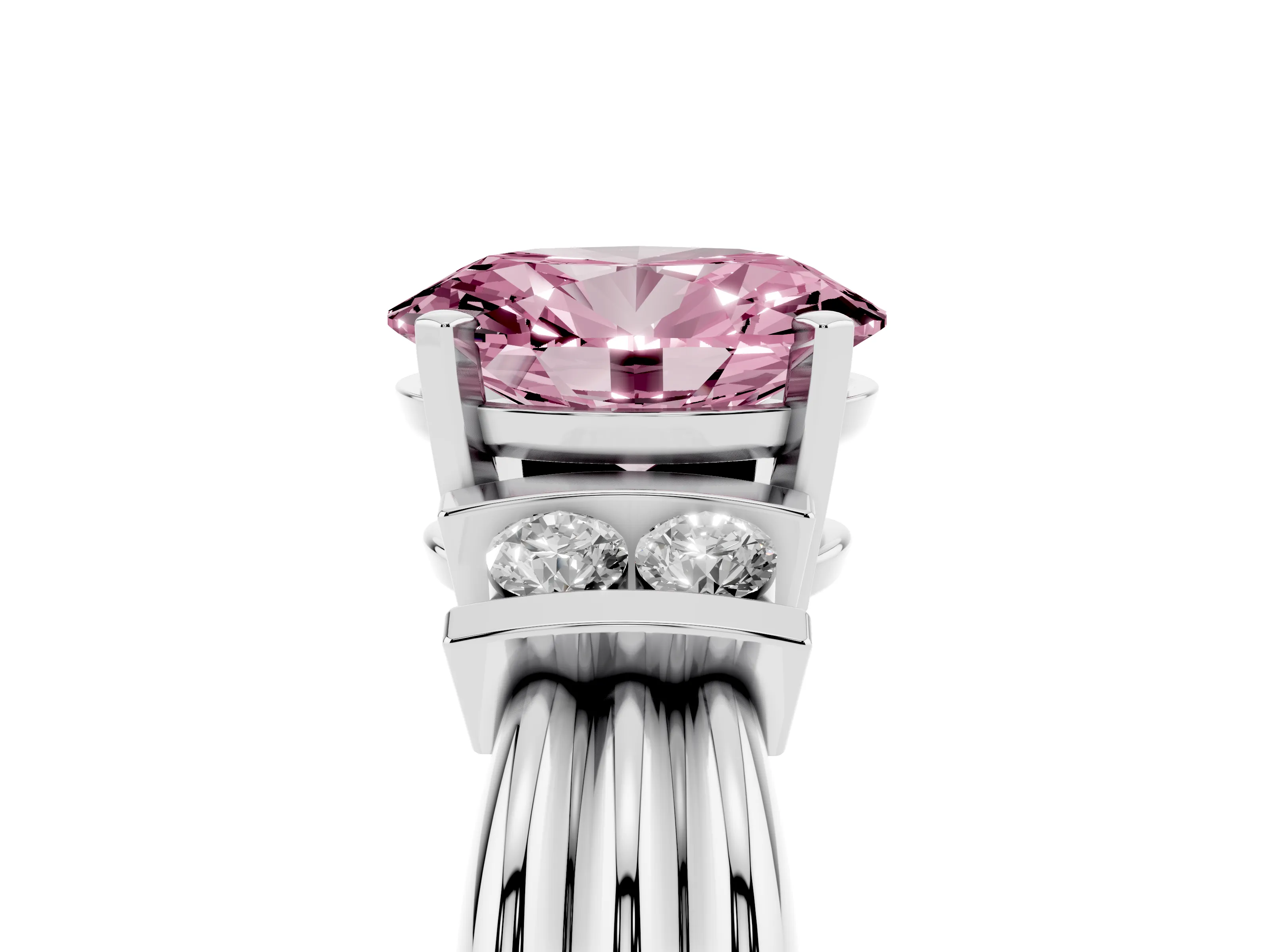 Fancy Pink Three-Stone Oval Cut Diamond Channel Set Ring Set in Platinum with Bar Prongs