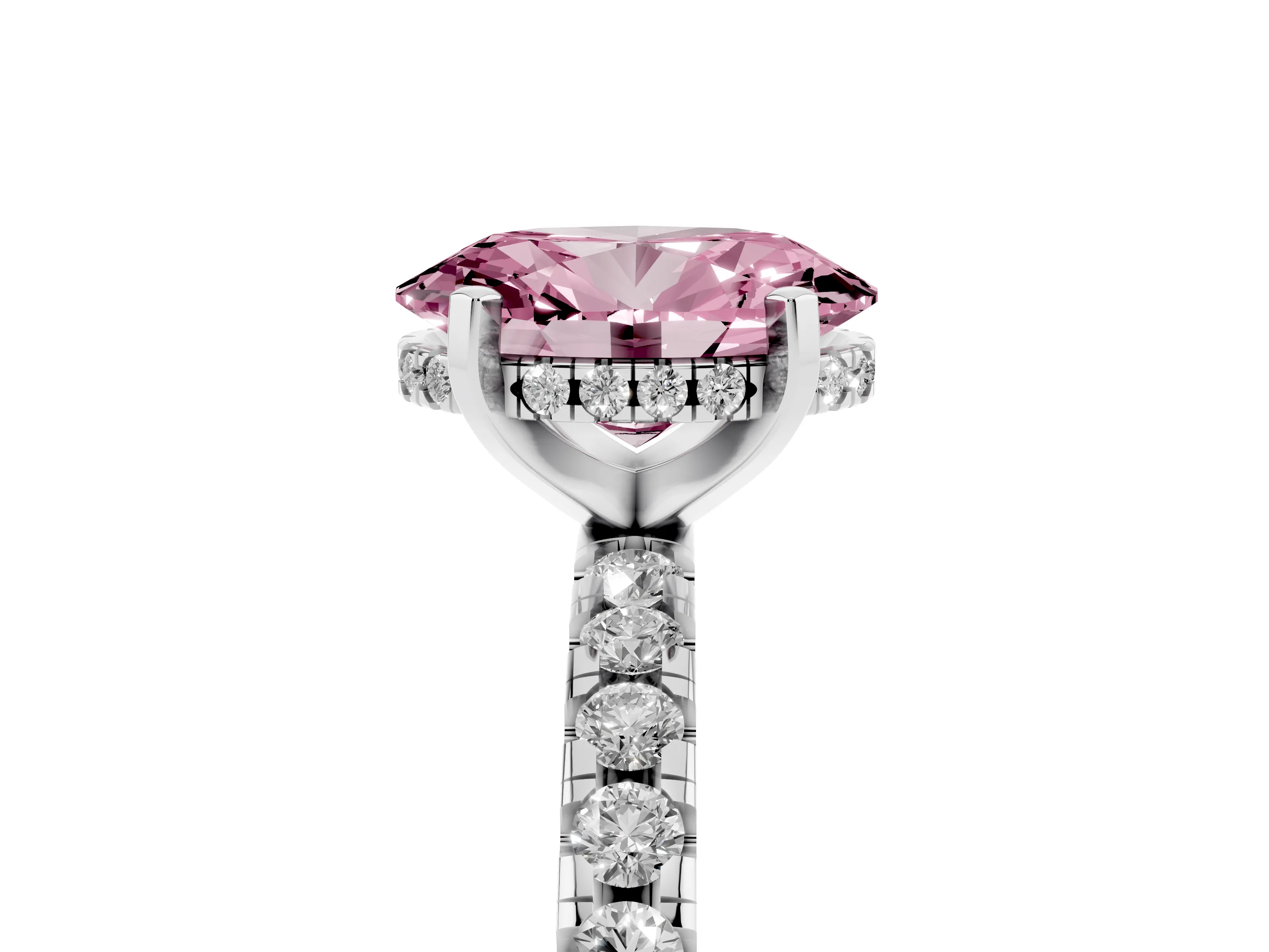 Fancy Pink Oval Cut Diamond Pavé Solitaire Ring Set in Platinum with Round Band Accents and Prong Setting
