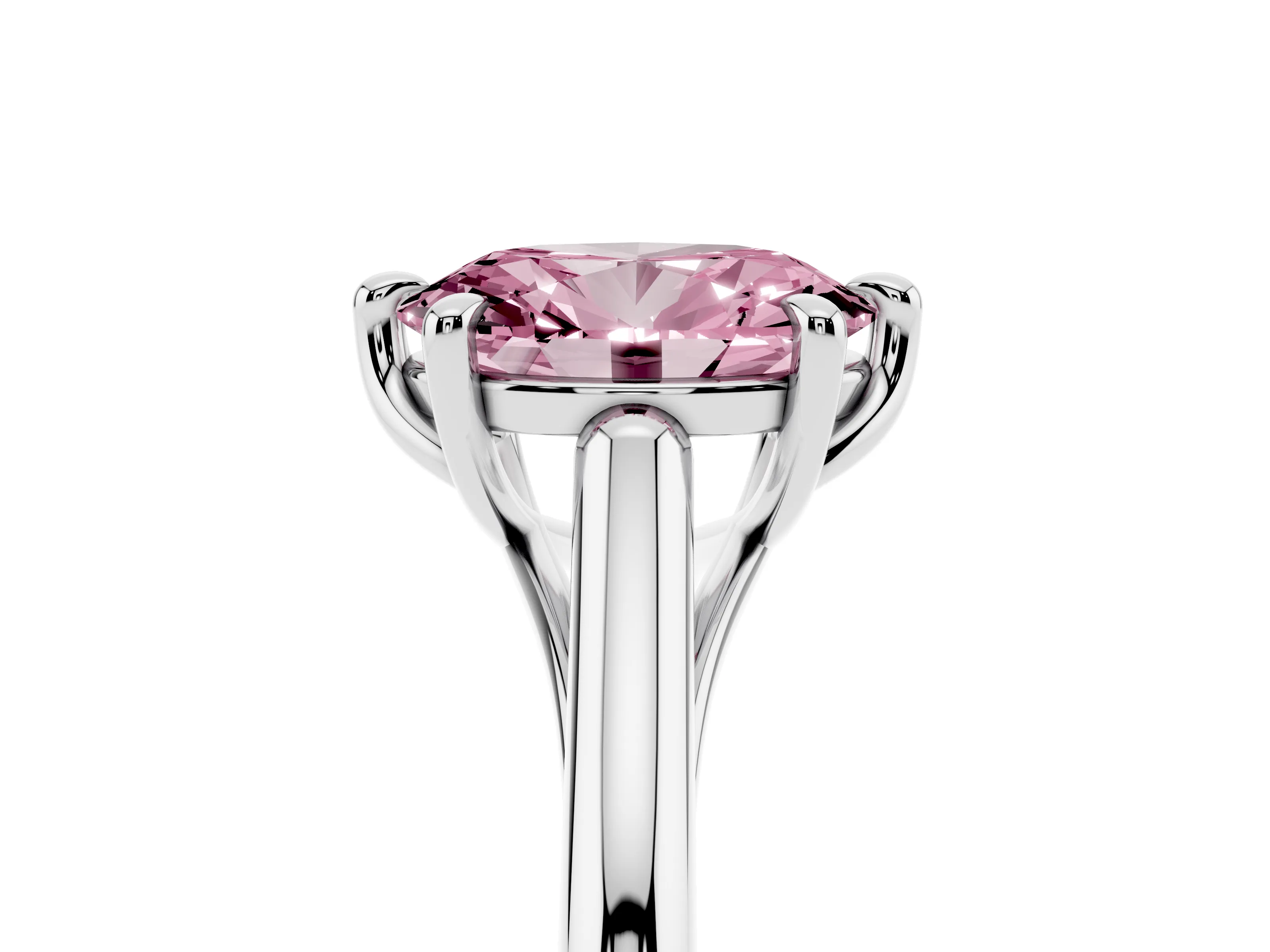 Fancy Pink Oval Cut Diamond Solitaire Engagement Ring Set in Platinum with Prong Setting and Plain Classic Band