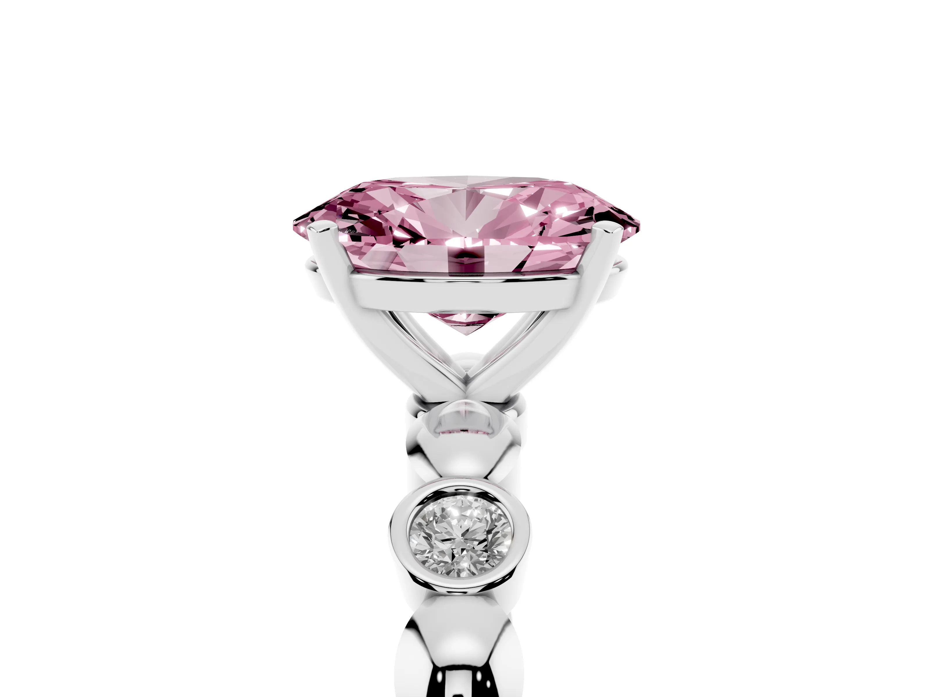 Fancy Pink Oval Cut Diamond Solitaire Ring Set in White gold with Bezel-Set Accents on Beaded Band and Prong Setting