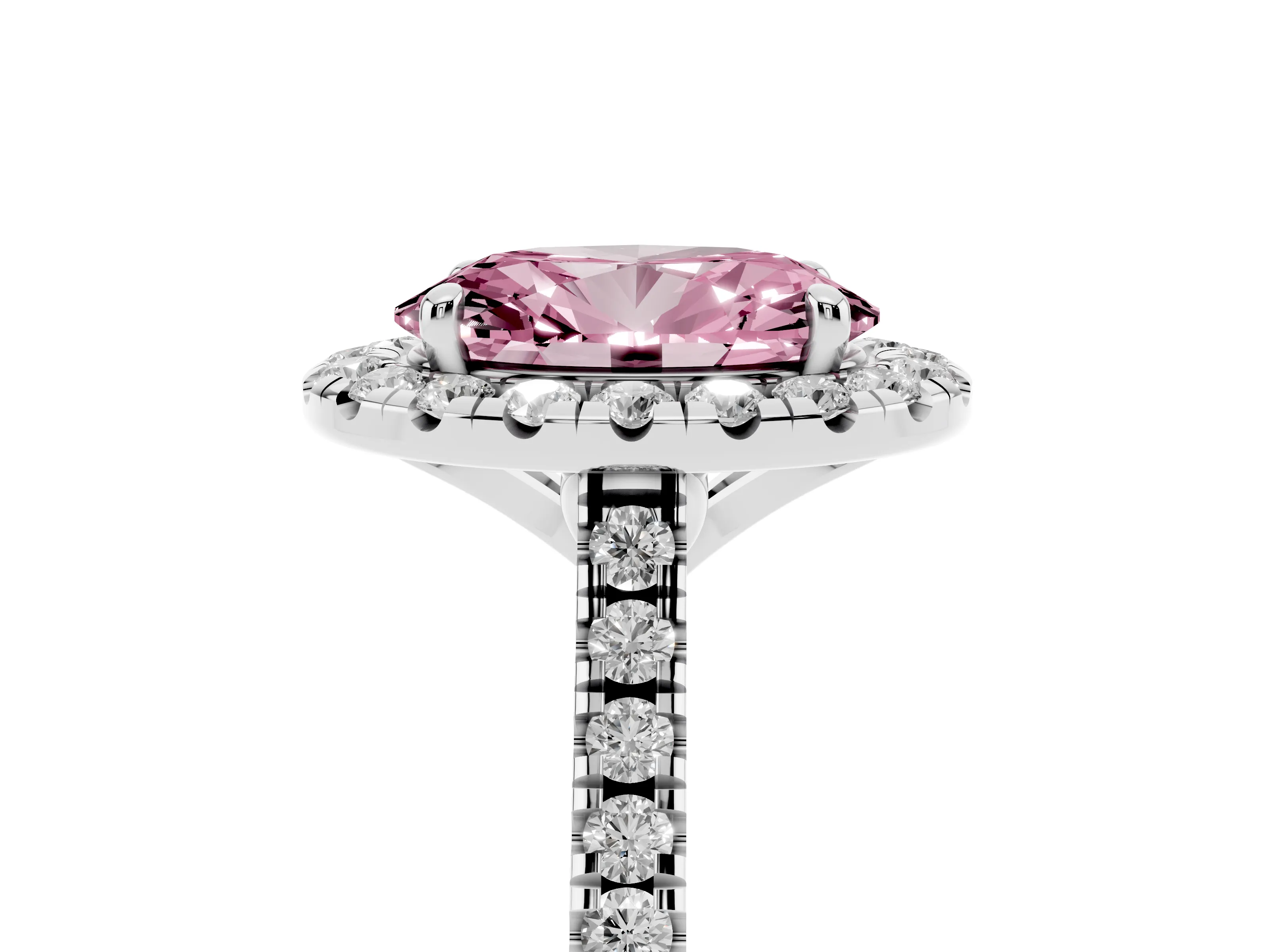 Fancy Pink Oval Cut Diamond Cushion Halo Ring Set in White gold with Pavé Band