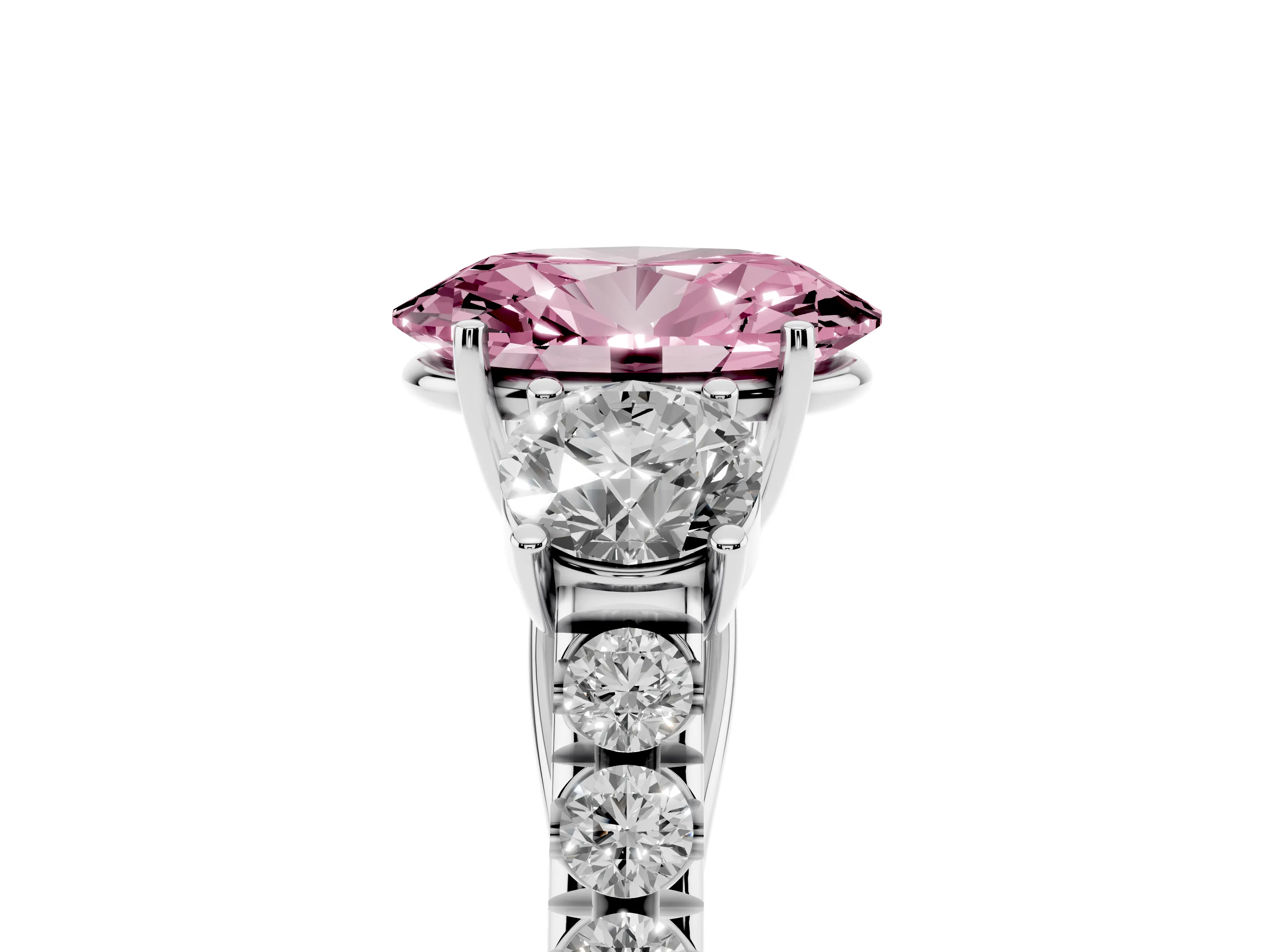 Fancy Pink Oval Cut Diamond Three-Stone Ring Set in Platinum with Round Side Stones and Delicate Pavé Band