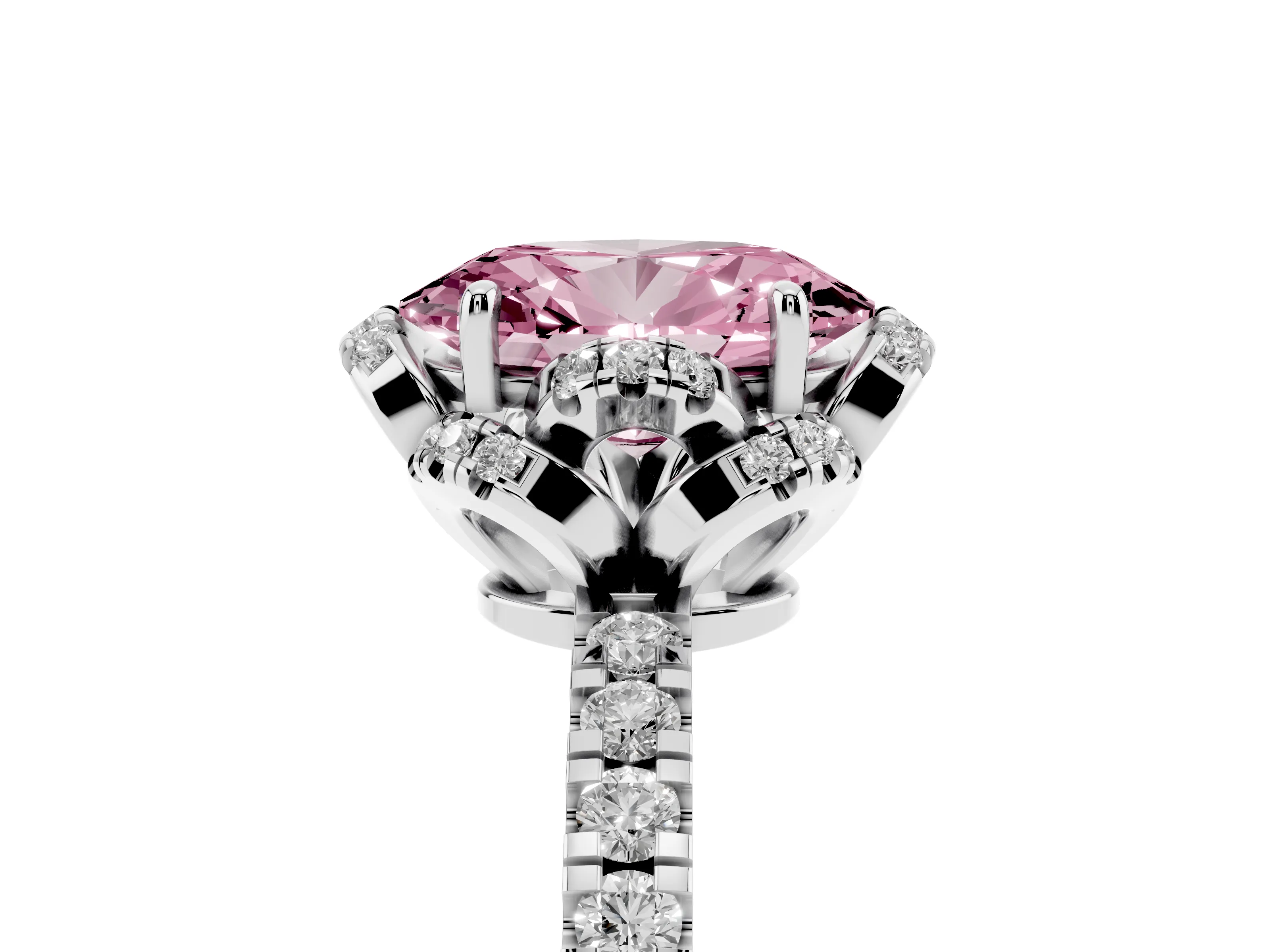 Fancy Pink Oval Cut Diamond Halo Pavé Band Ring Set in Platinum with Prong-Held Center