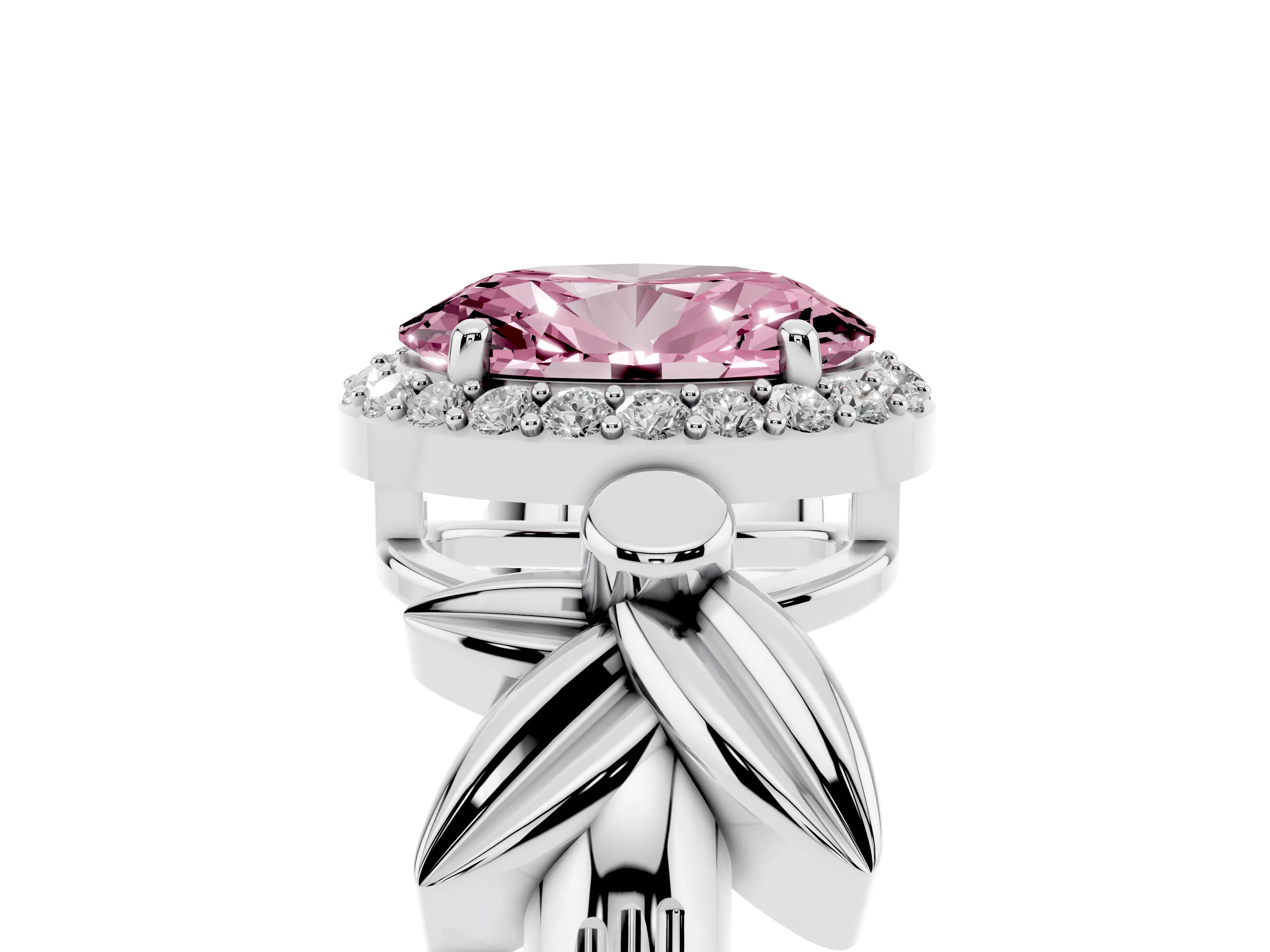 Fancy Pink Oval Cut Diamond Halo Floral Band Ring Set in Platinum with Prong Setting