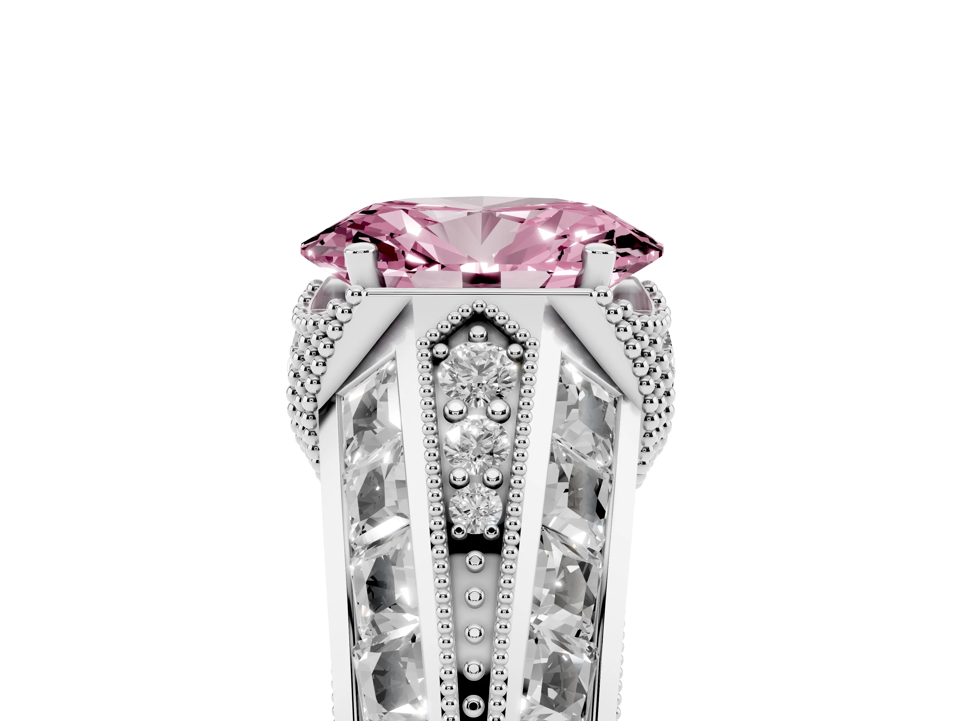 Fancy Pink Oval Cut Diamond Vintage-Inspired Milgrain Ring Set in Silver with Accent Split Shank