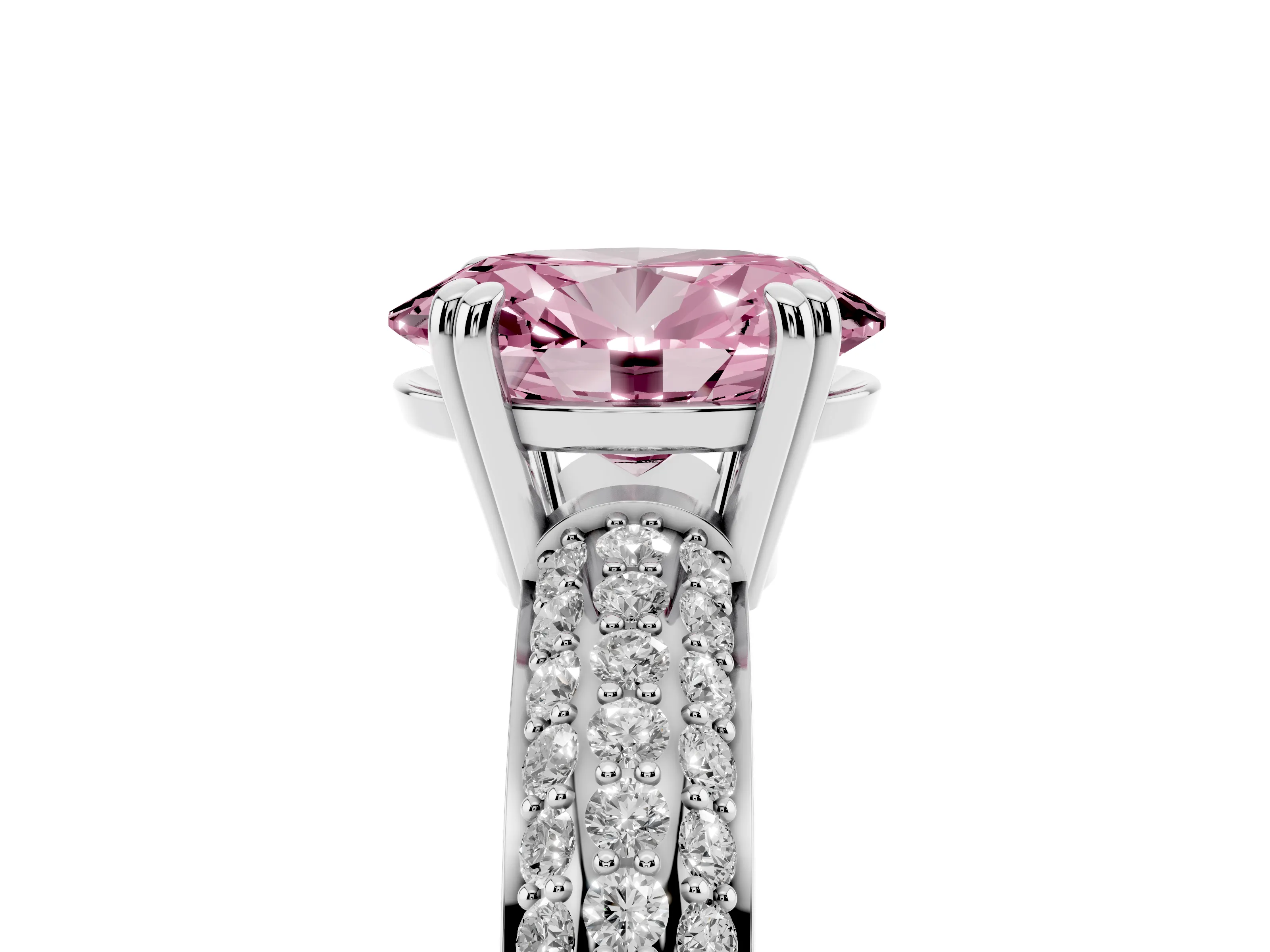 Fancy Pink Oval Cut Diamond Solitaire Ring Set in Platinum with Multi-Row Round Pavé Band and Prong Setting