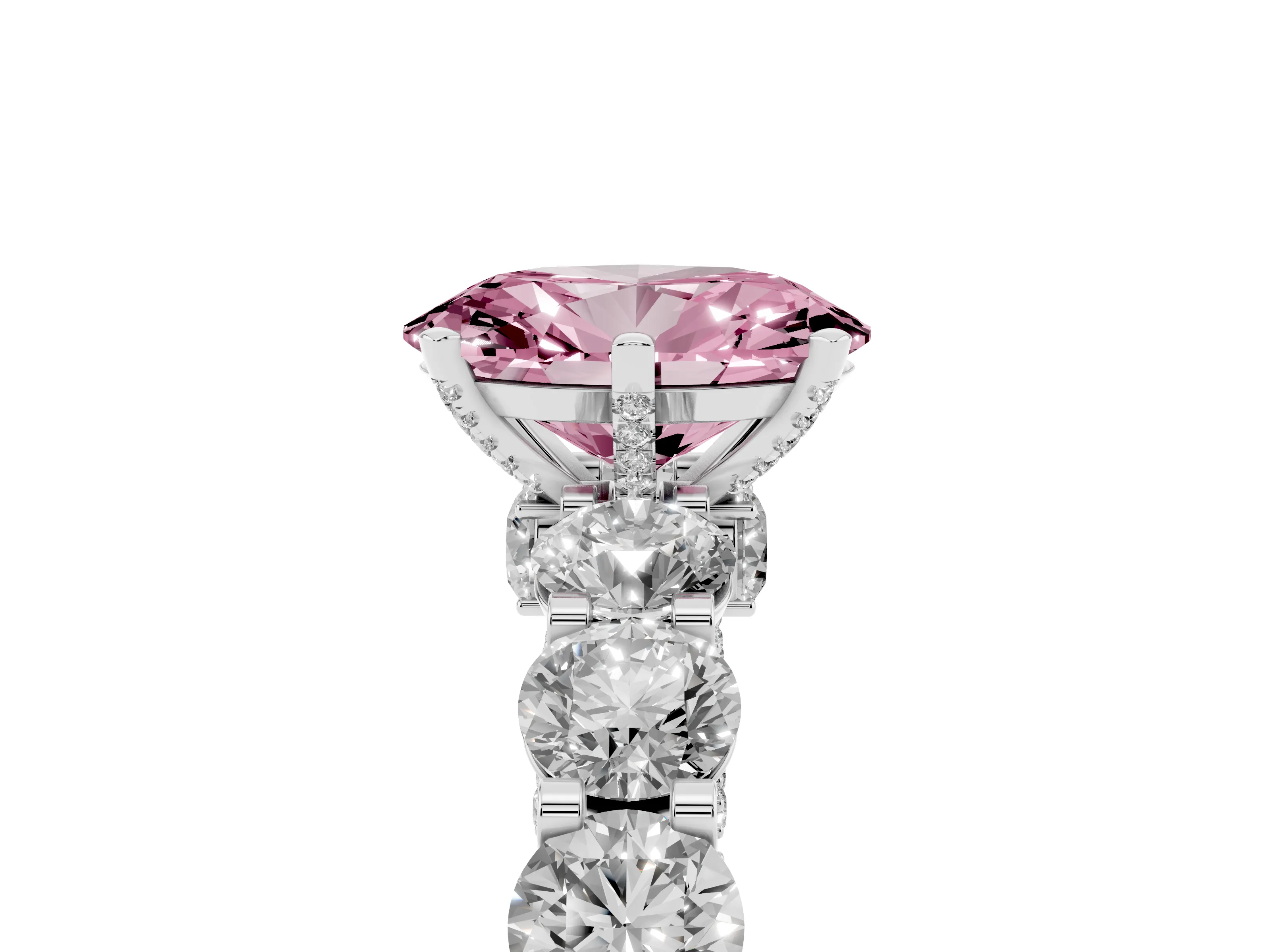 Fancy Pink Oval Cut Diamond Side Stone Ring Set in Platinum with Alternating Round and Oval Side Stones
