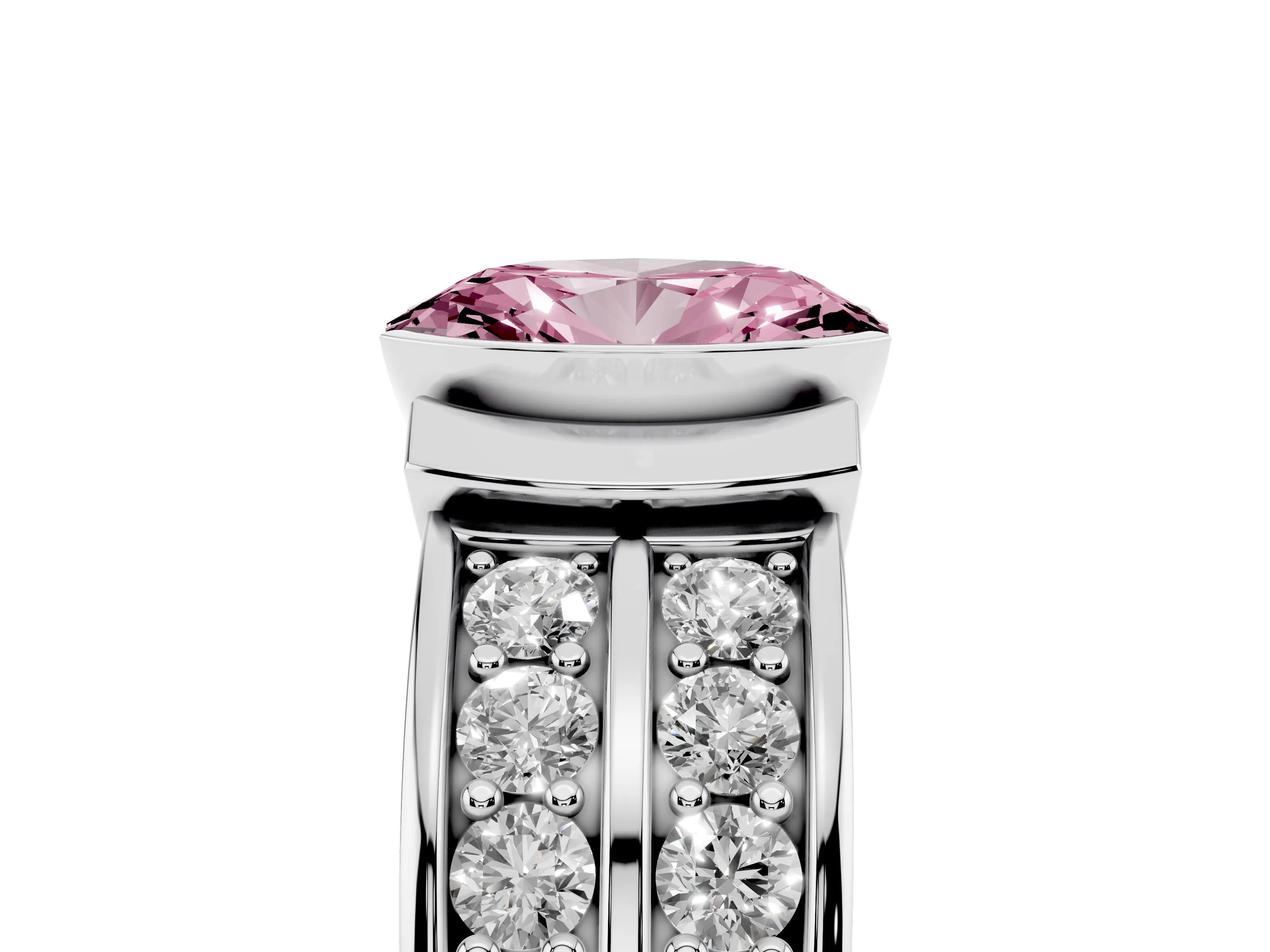 Fancy Pink Oval Cut Diamond Wide Channel Set Band Ring Set in Platinum with Bezel Setting