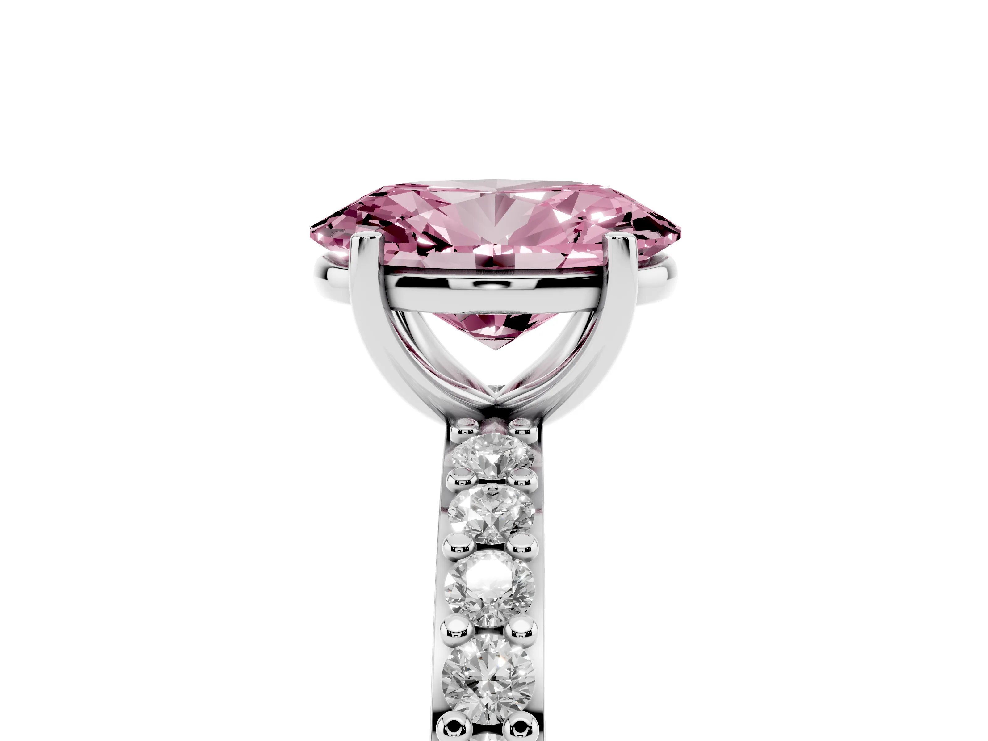 Fancy Pink Oval Cut Diamond Solitaire Set in White gold with Round Pavé Band and Prong Setting