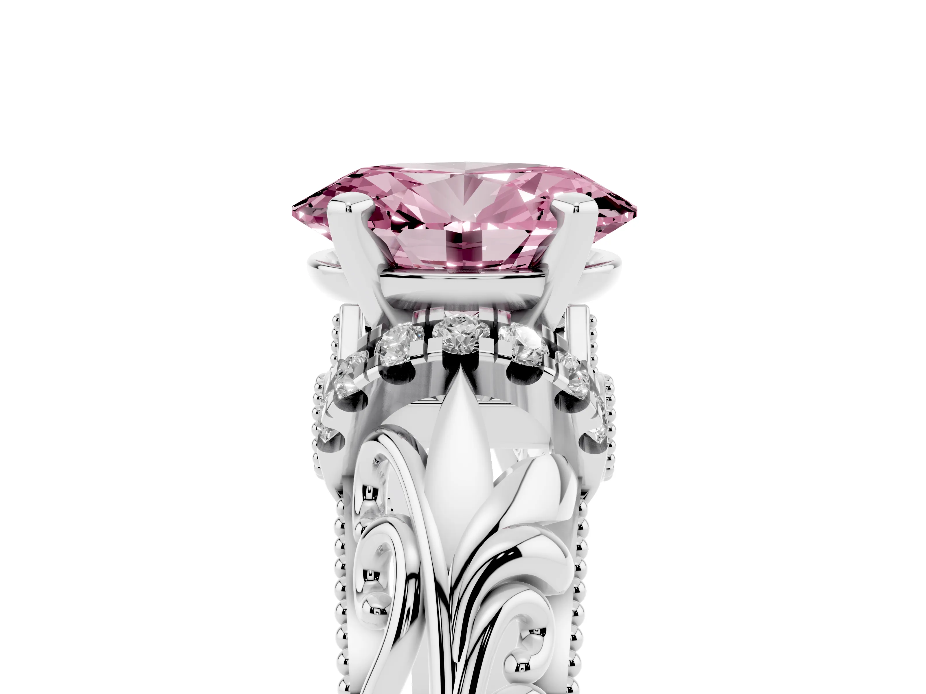 Fancy Pink Oval Cut Diamond Filigree Halo Engagement Ring Set in Platinum with Prong Setting