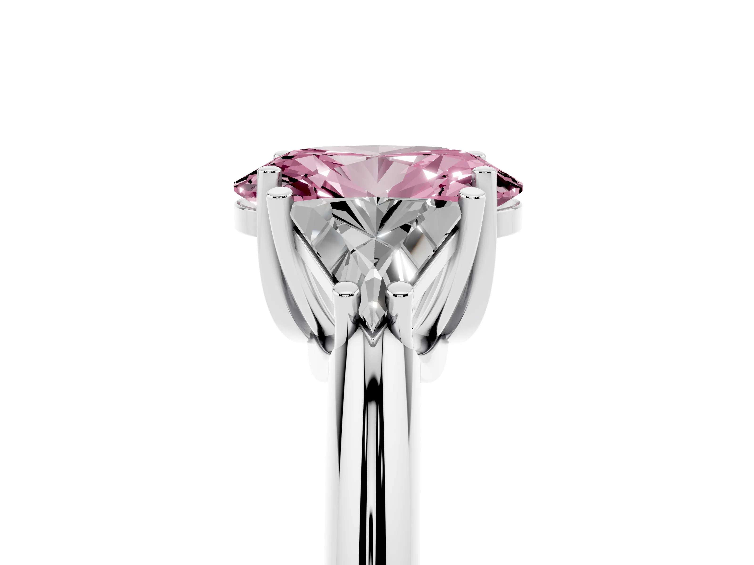 Fancy Pink Oval Cut Diamond Three-Stone Engagement Ring Set in Platinum with Trillion Side Stones
