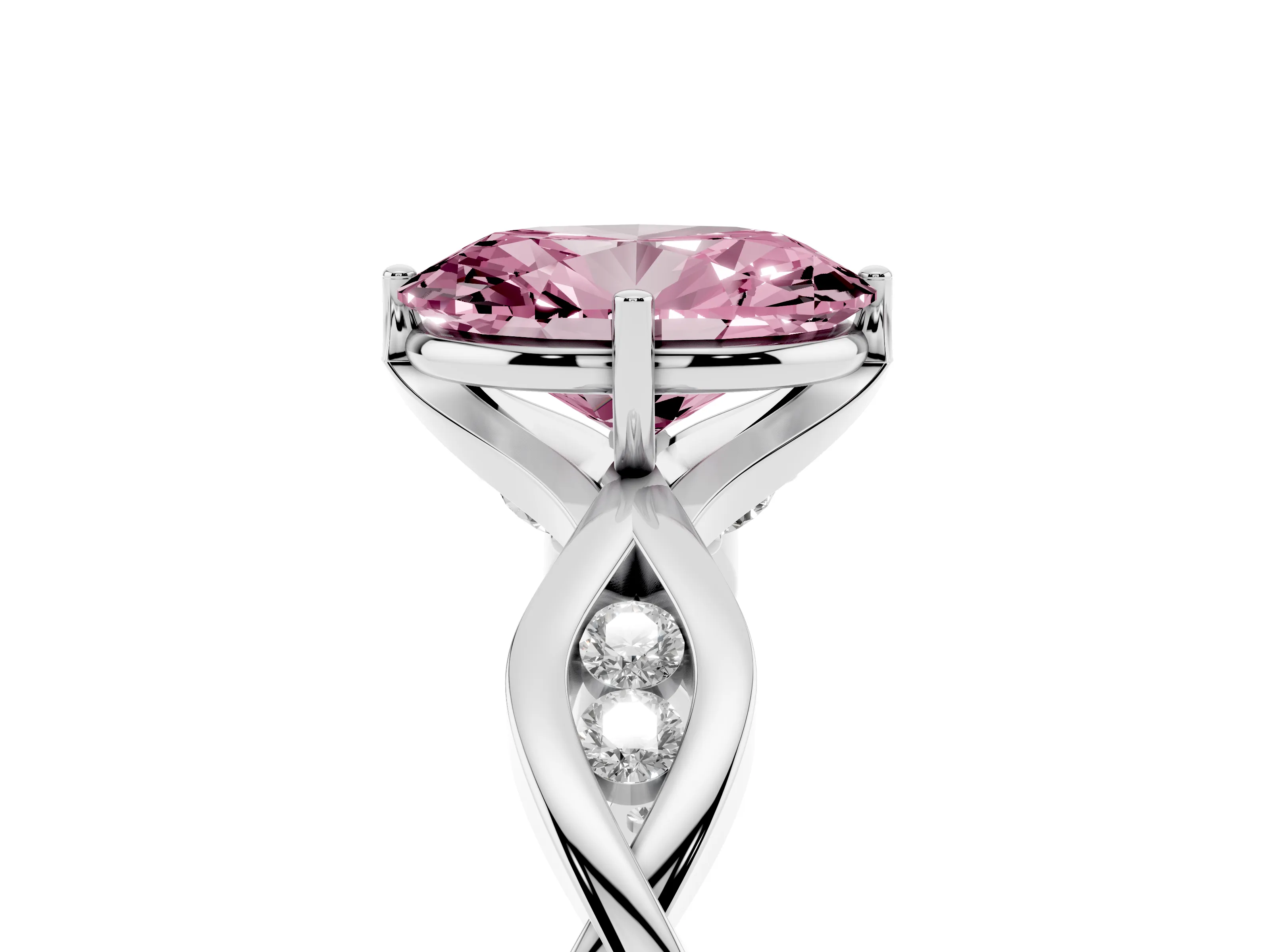 Fancy Pink Oval Cut Diamond Twist Band Solitaire Ring Set in Platinum with Leaf Prong Setting and Accent Stones