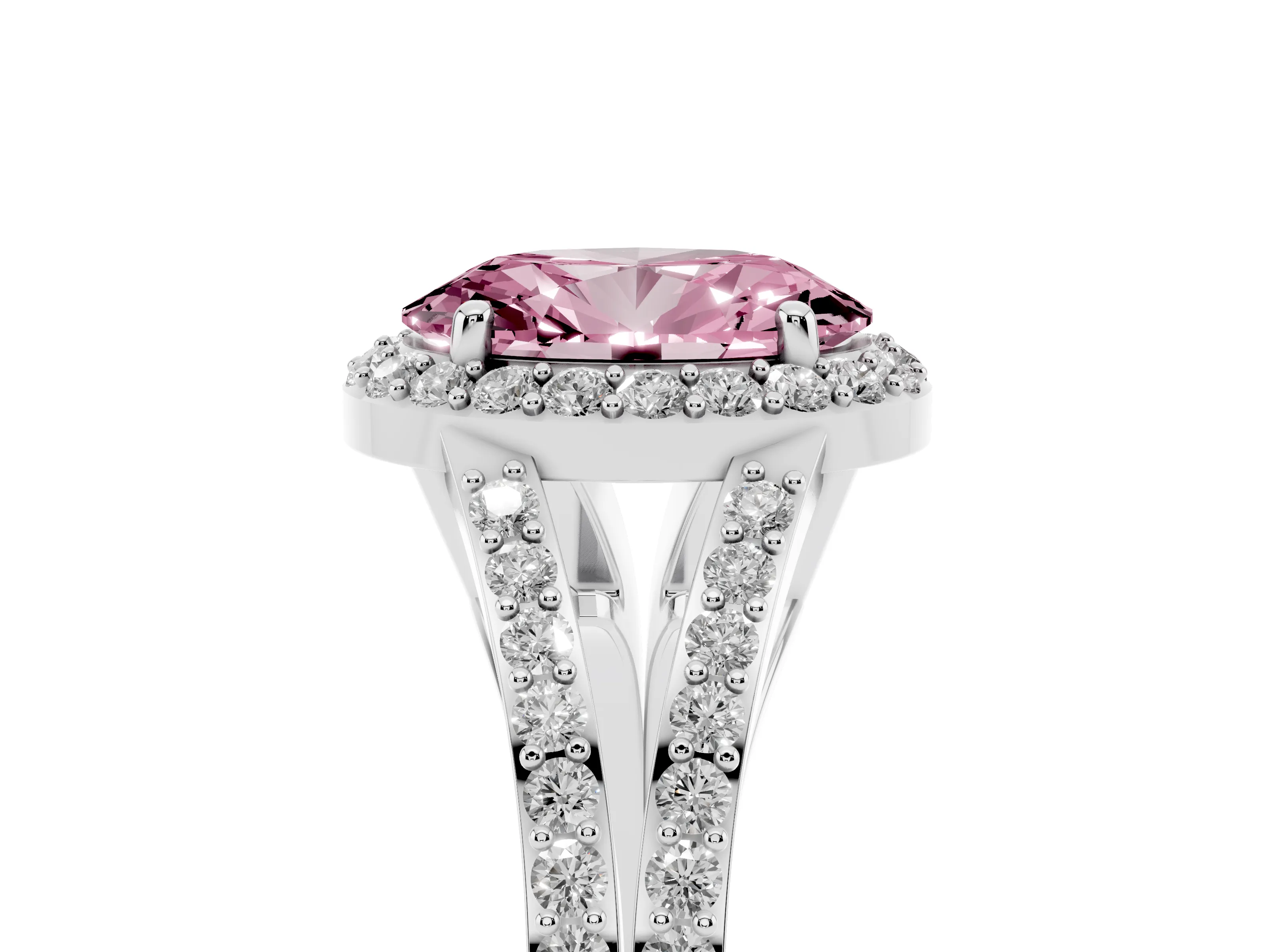 Fancy Pink Oval Cut Diamond Halo Split Shank Ring Set in White gold with Accent Stones and Prong Setting