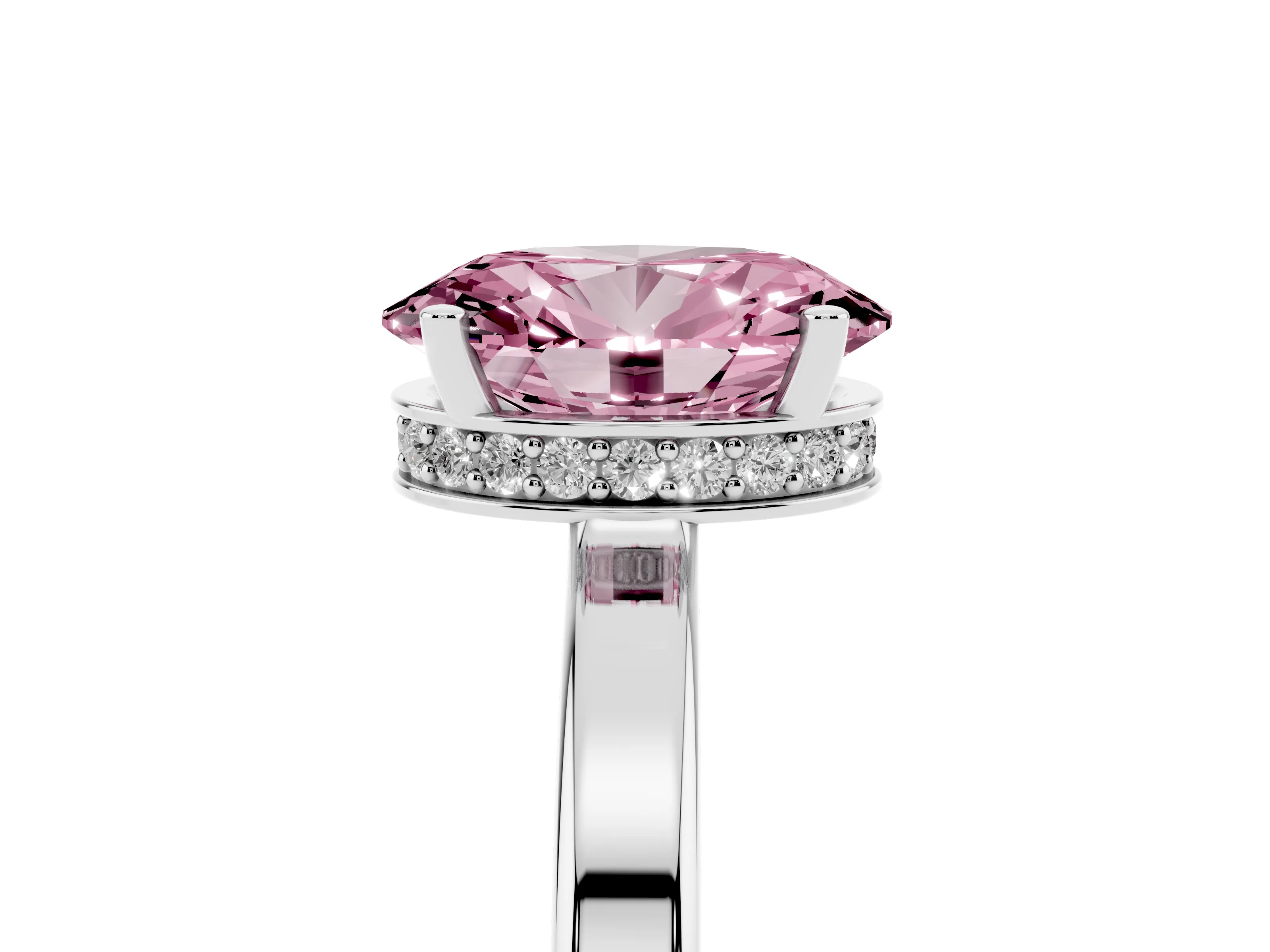 Fancy Pink Oval Cut Diamond Solitaire Engagement Ring Set in White gold with Prong Setting on a Plain Band