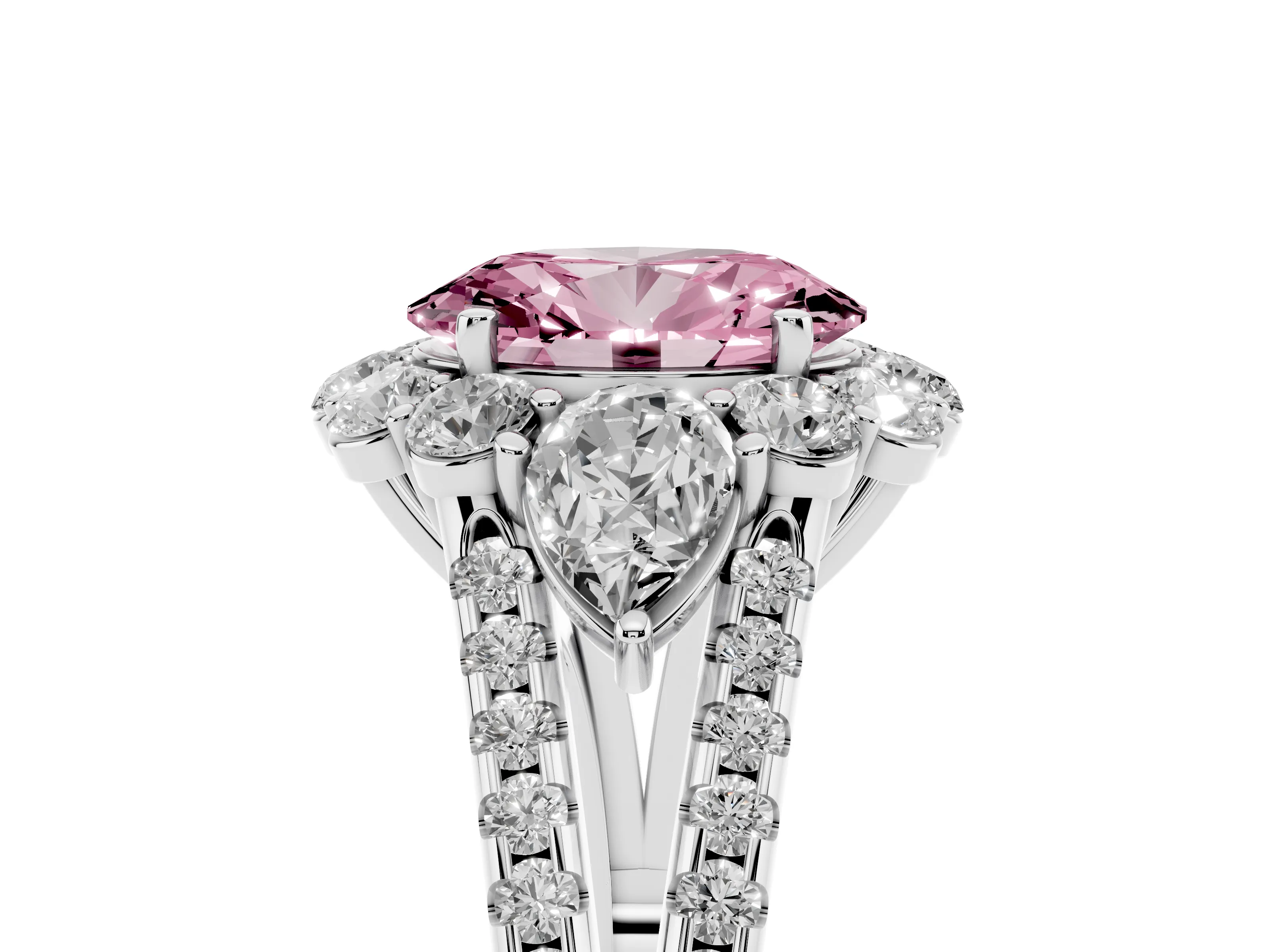 Fancy Pink Oval Cut Diamond Halo Split Shank Engagement Ring Set in Silver with Prong-Held Center Stone