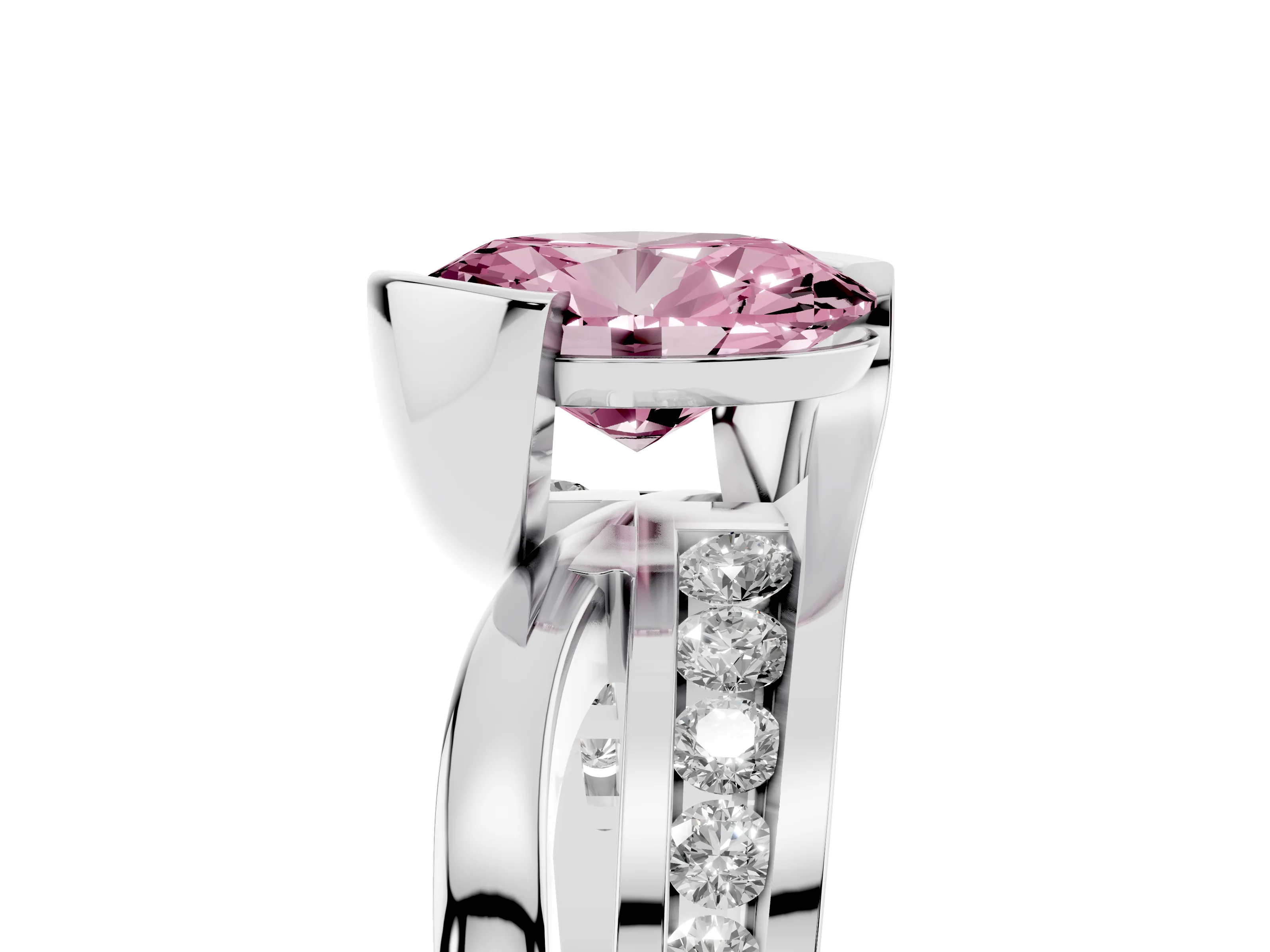 Fancy Pink Oval Cut Diamond Solitaire Ring Set in Platinum with Channel Set Split Shank and Tension Prongs