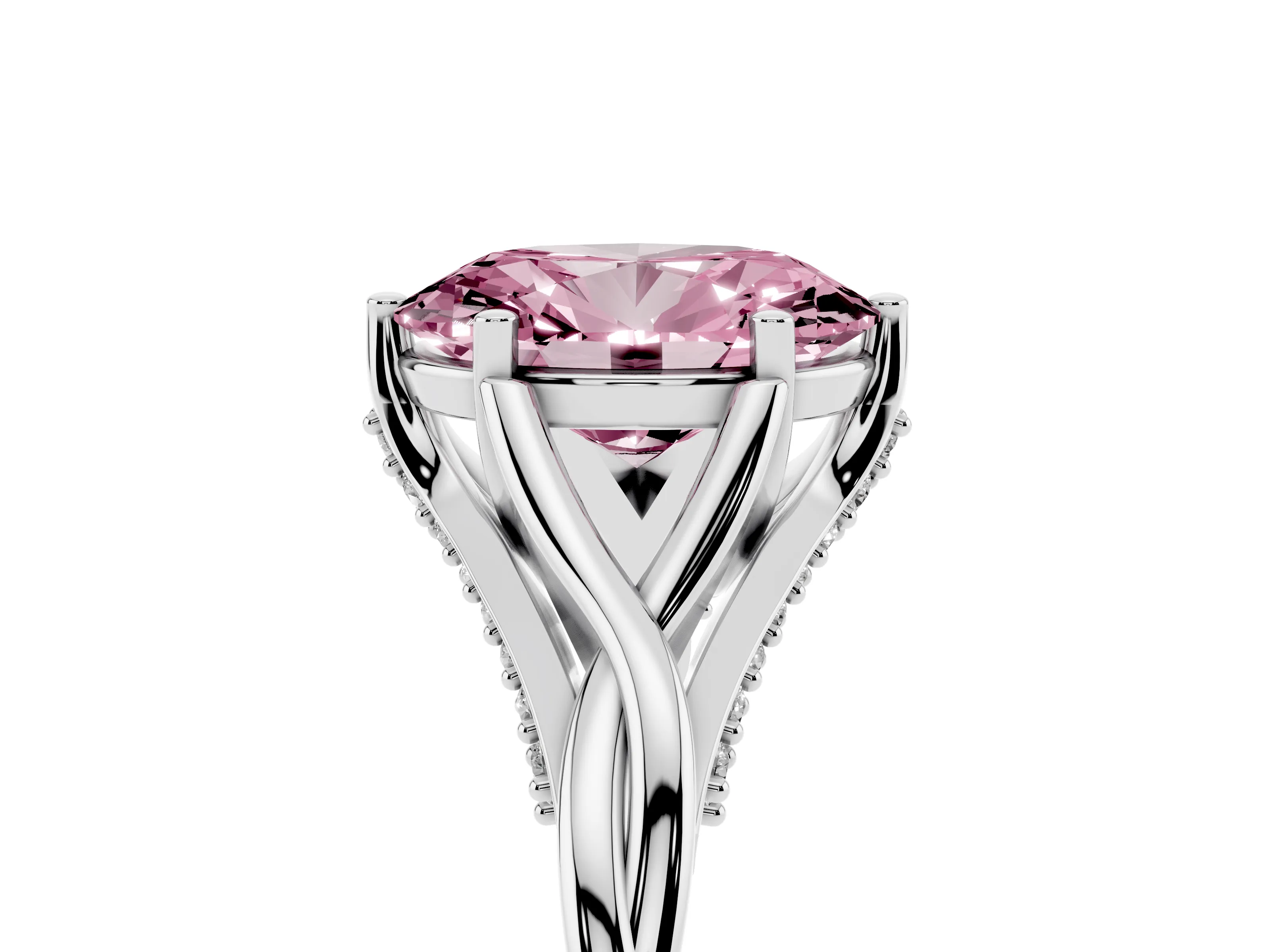 Fancy Pink Oval Cut Diamond Intertwined Twist Band Solitaire Ring Set in White gold with Prong Setting